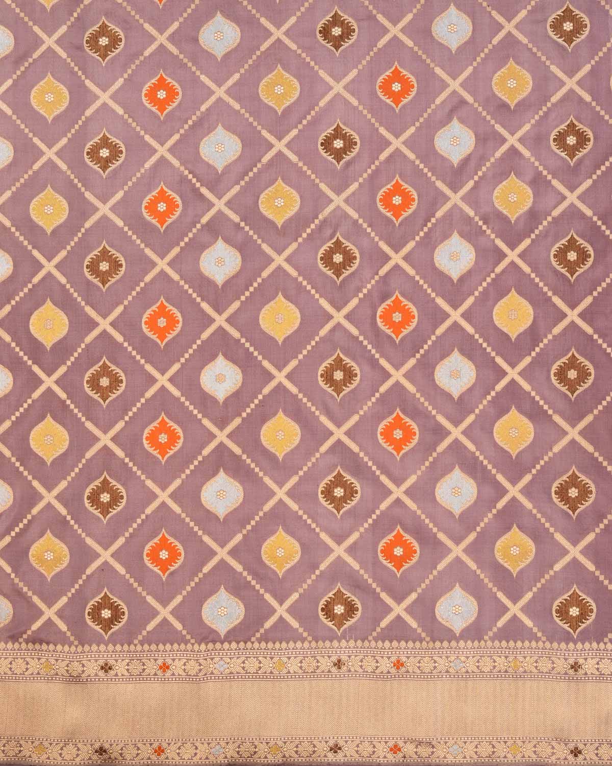 Rosy Brown Banarasi Zari & Resham Grids Meenedar Buti Cutwork Brocade Handwoven Katan Silk Saree - By HolyWeaves, Benares