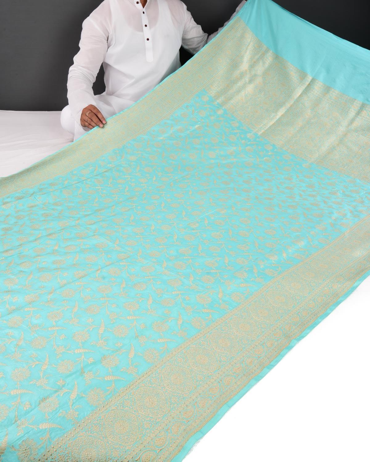 Aqua Marine Banarasi Floral Jaal Gold Zari Cutwork Brocade Handwoven Katan Silk Saree - By HolyWeaves, Benares