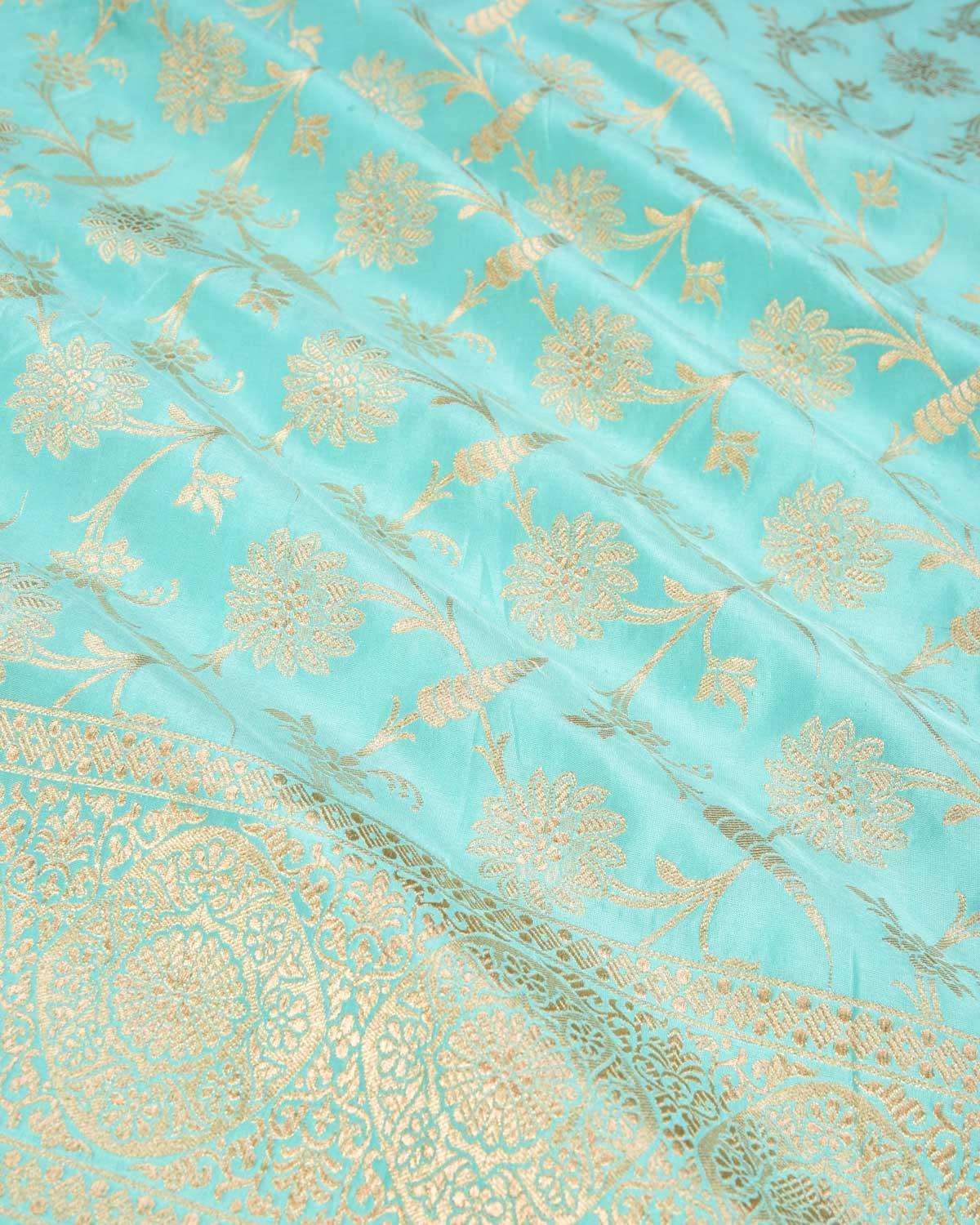 Aqua Marine Banarasi Floral Jaal Gold Zari Cutwork Brocade Handwoven Katan Silk Saree - By HolyWeaves, Benares