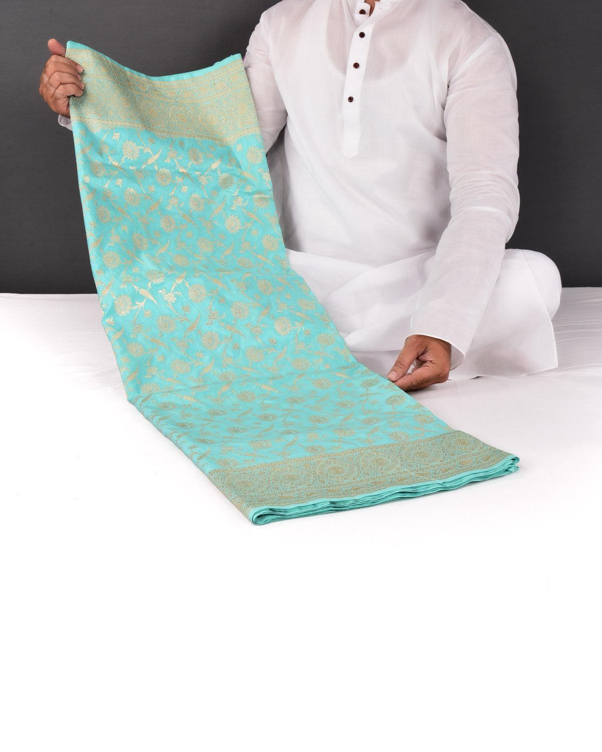 Aqua Marine Banarasi Floral Jaal Gold Zari Cutwork Brocade Handwoven Katan Silk Saree - By HolyWeaves, Benares