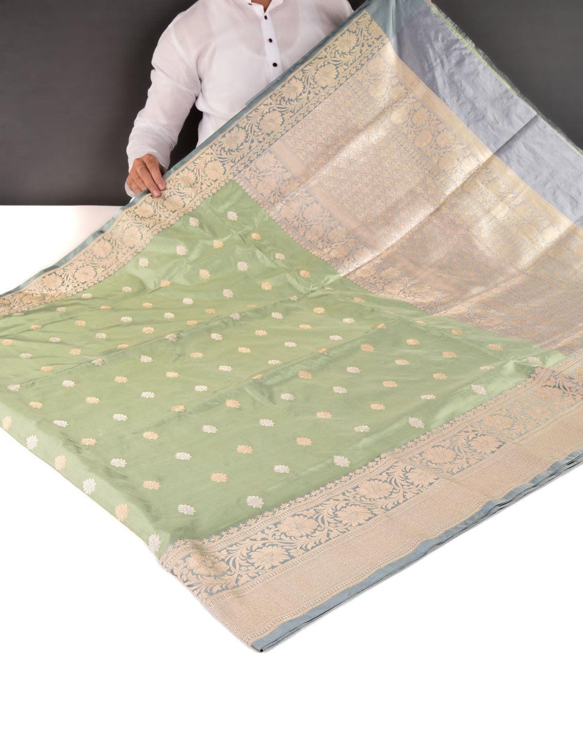 Artichoke Green Banarasi Gold & Silver Zari Buti Kadhuan Brocade Handwoven Katan Silk Saree - By HolyWeaves, Benares