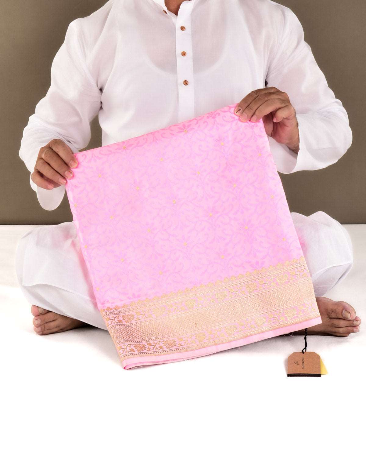 Baby Pink Banarasi Floral Jaal Satin Tanchoi Brocade Handwoven Katan Silk Saree with Gold Zari Accents - By HolyWeaves, Benares