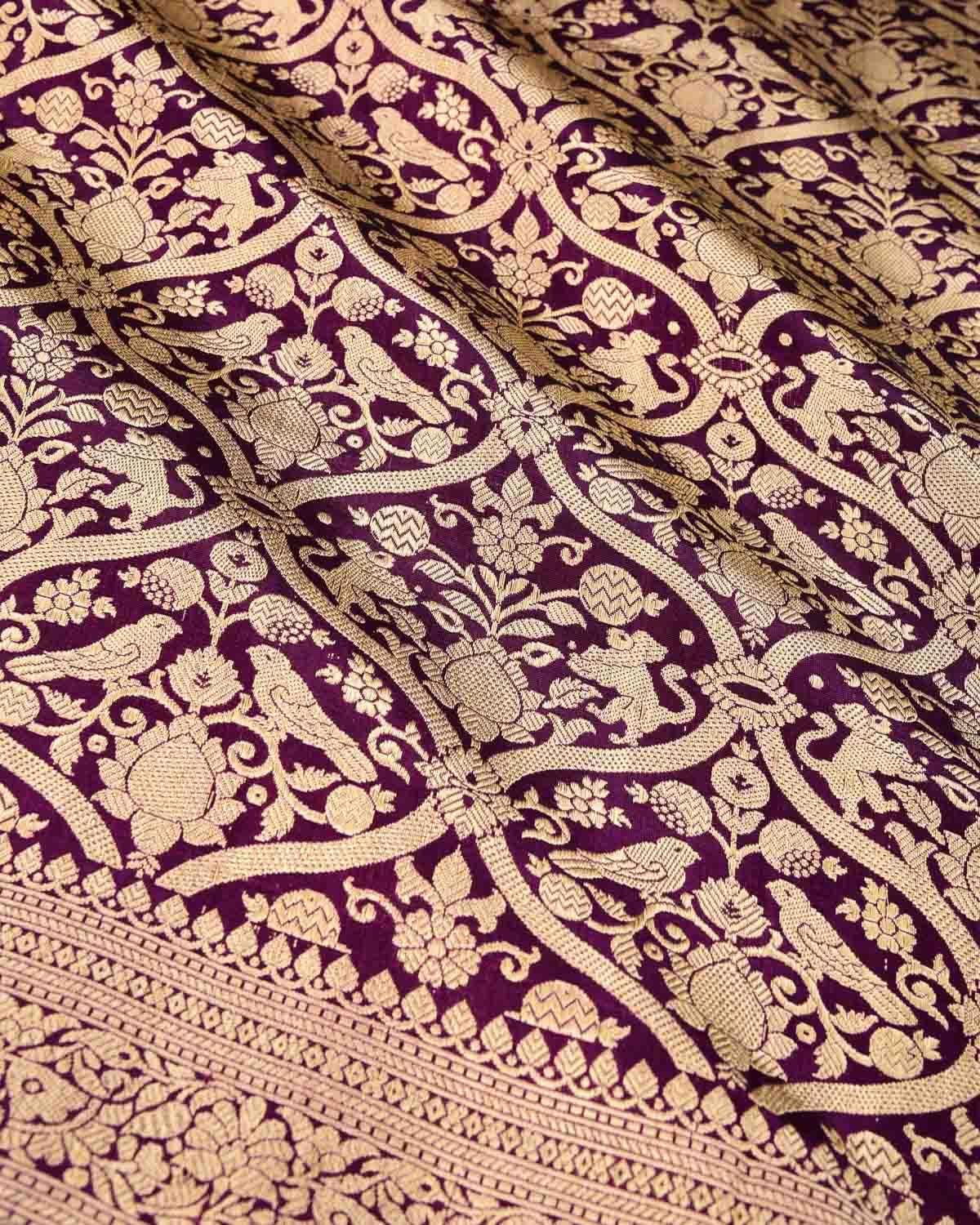 Purple Banarasi Lion & Sparrow Grids Brocade Handwoven Katan Silk Dupatta - By HolyWeaves, Benares