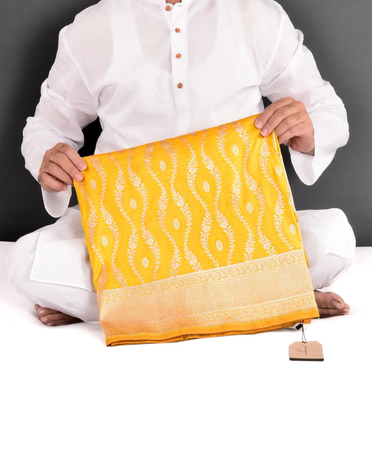 Marigold Yellow Banarasi Gold Zari Cutwork Brocade Handwoven Katan Silk Saree - By HolyWeaves, Benares