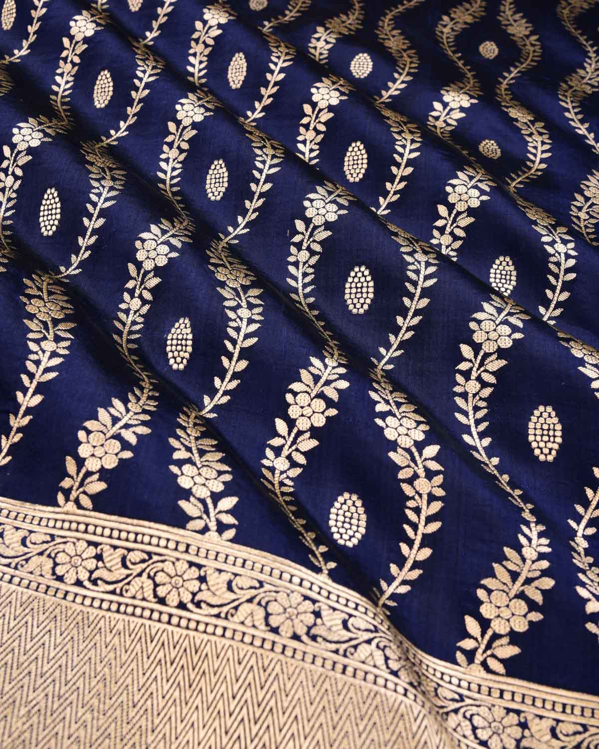Navy Blue Banarasi Gold Zari Cutwork Brocade Handwoven Katan Silk Saree - By HolyWeaves, Benares