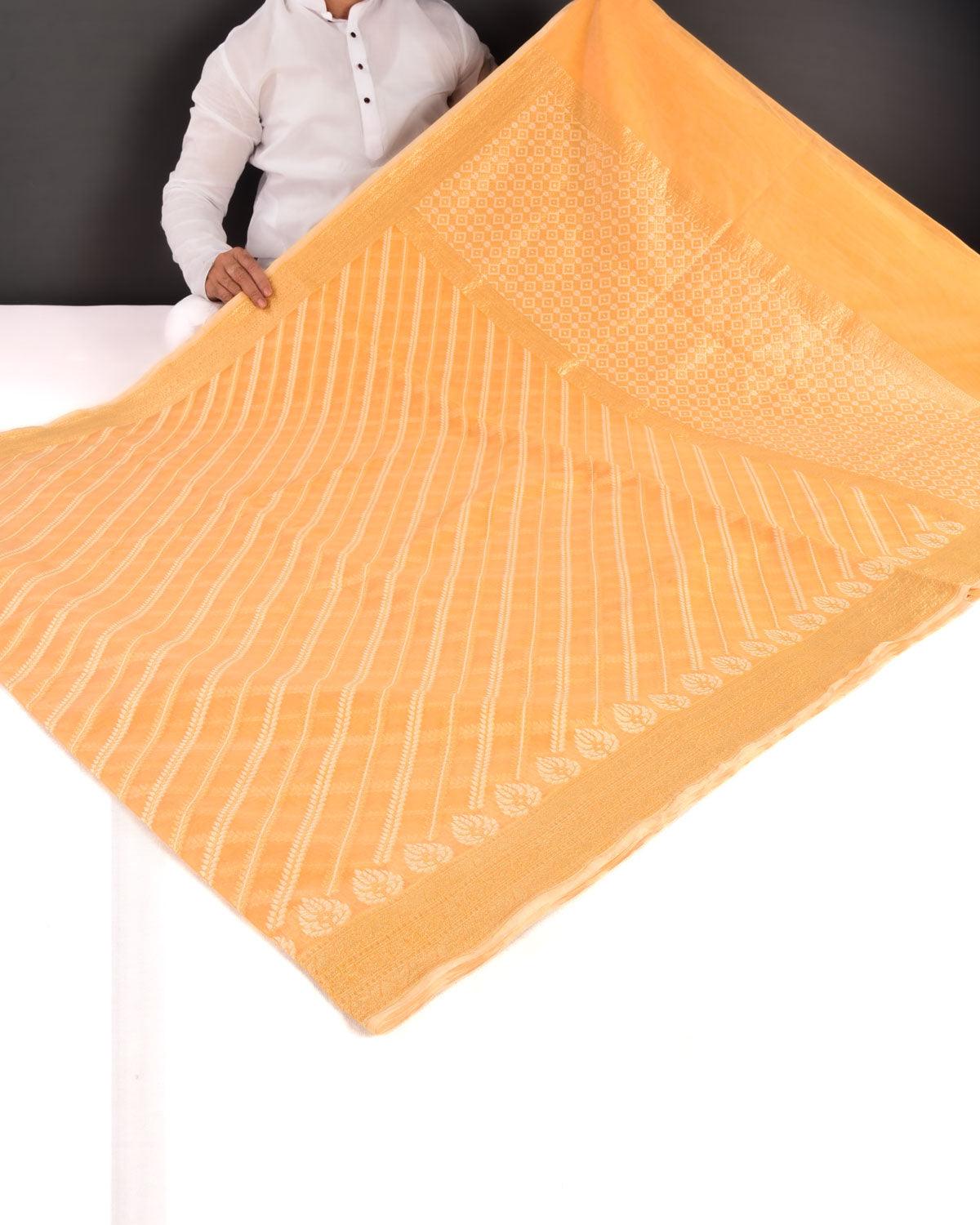 Orange Banarasi Gold Zari & White Diagonal Bel Cutwork Brocade Woven Art Cotton Silk Saree - By HolyWeaves, Benares