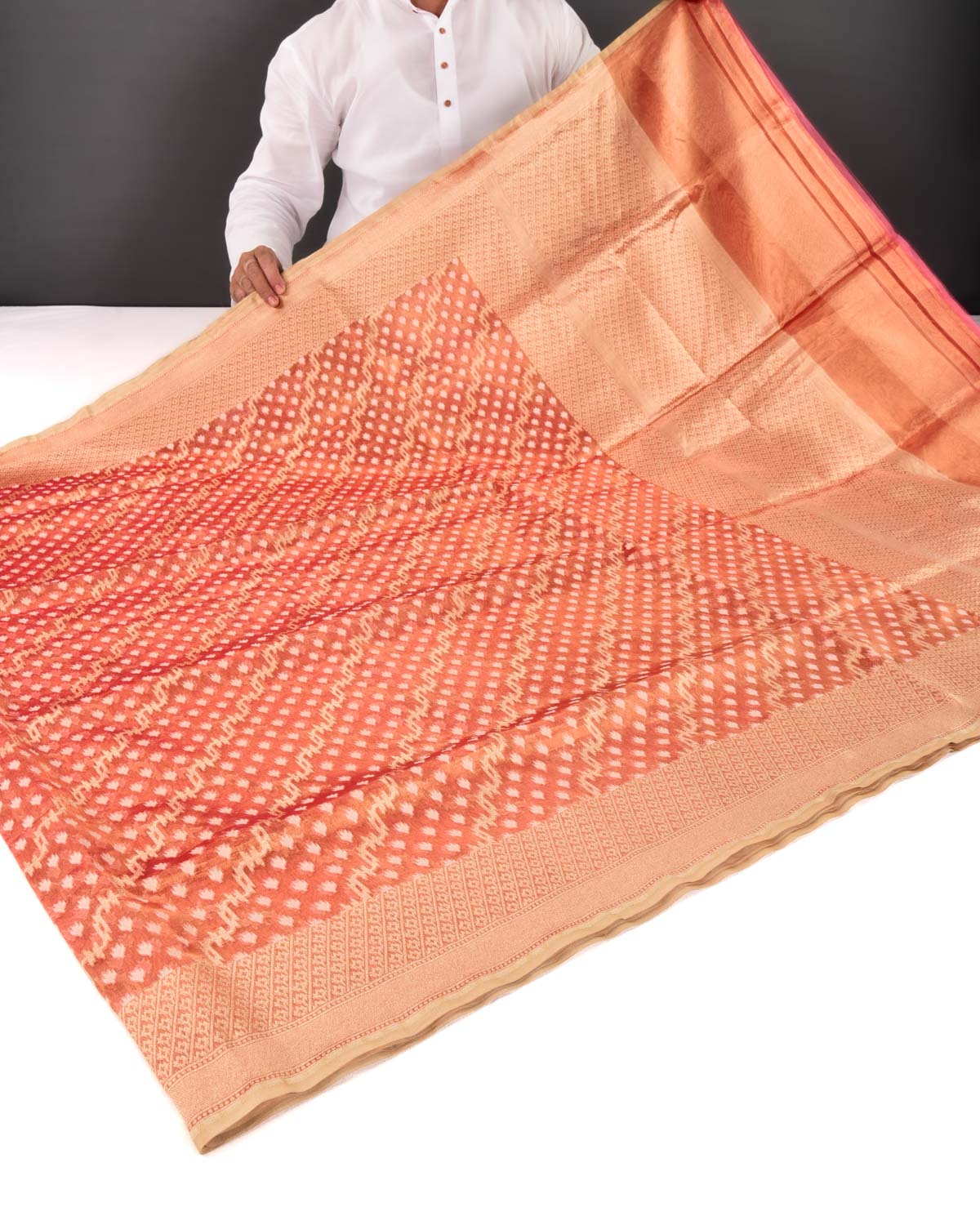 Metallic Red Banarasi Gold Zari & White Resham Alfi Buti Cutwork Brocade Handwoven Kora Tissue Saree - By HolyWeaves, Benares