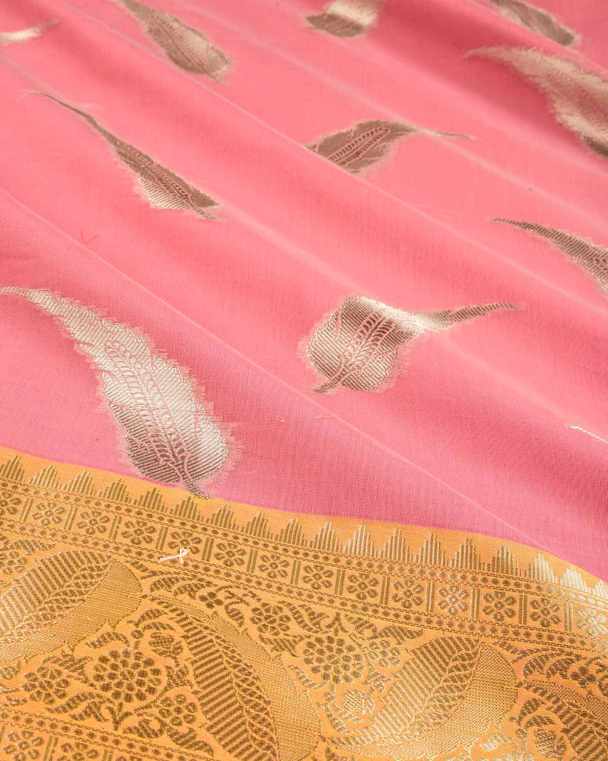 Sunny Pink Banarasi Gold Zari Leaf Buta Cutwork Brocade Woven Art Cotton Silk Saree with Contrast Border - By HolyWeaves, Benares