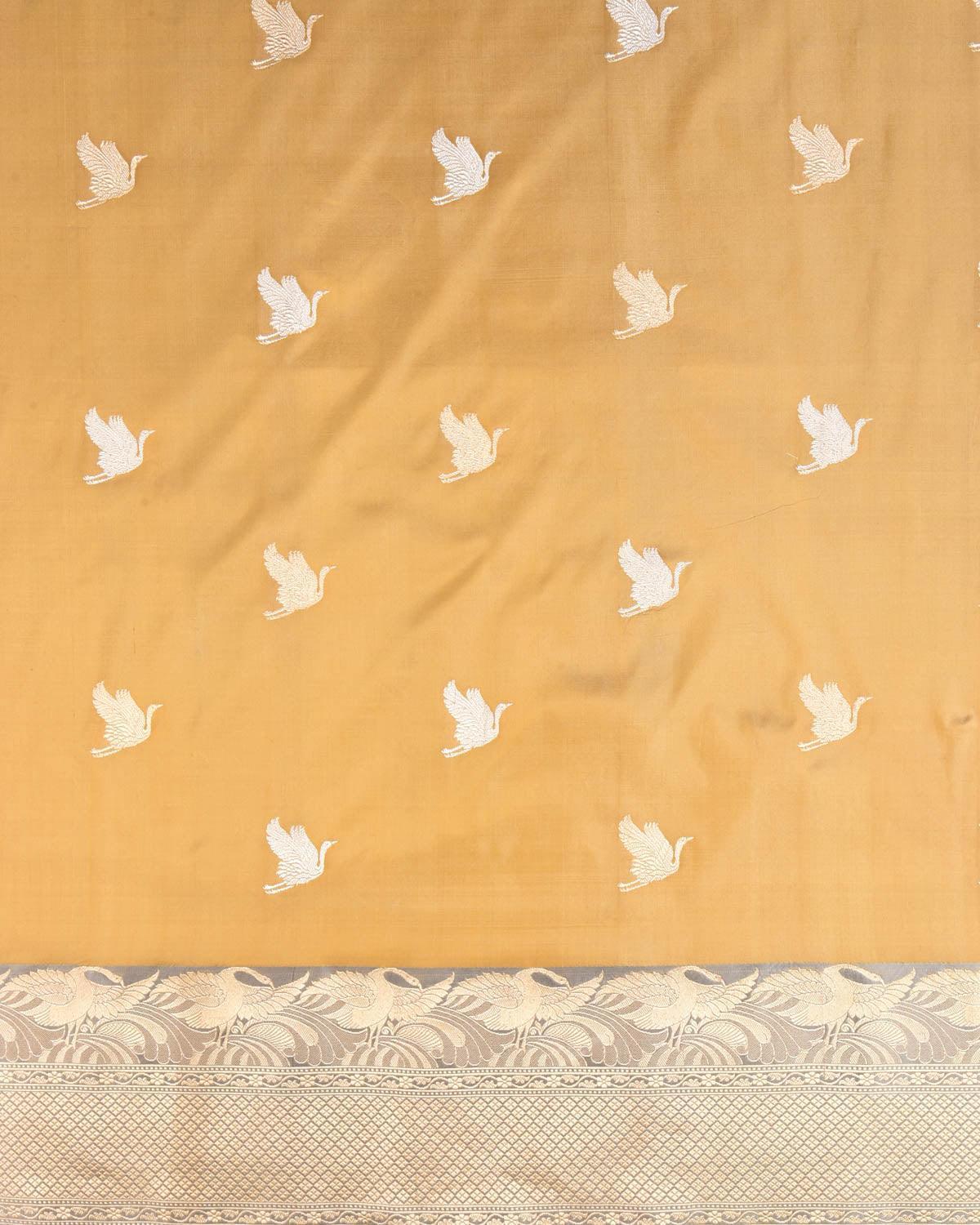 Beige Banarasi Flying Swans Gold Zari Kadhuan Brocade Handwoven Katan Silk Saree - By HolyWeaves, Benares