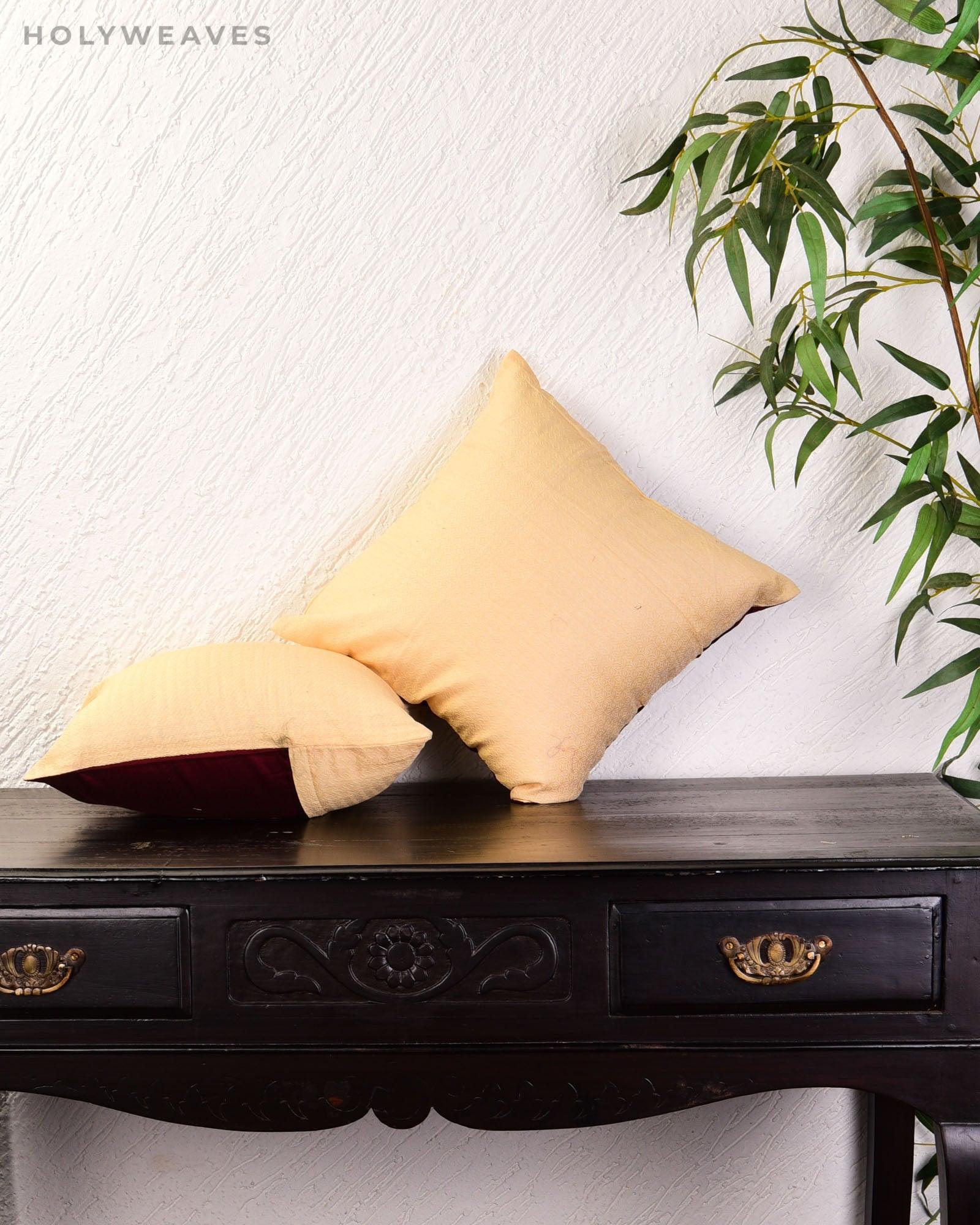 Beige Banarasi Tanchoi Poly Cotton Cushion Cover 16" - By HolyWeaves, Benares