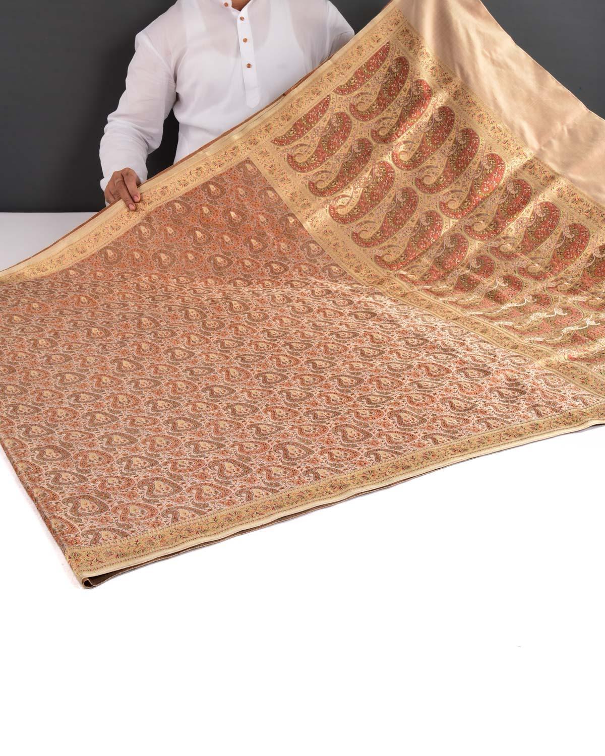 Beige Banarasi Tehri Resham & Zari Paisley Jamawar Brocade Handwoven Katan Silk Saree - By HolyWeaves, Benares