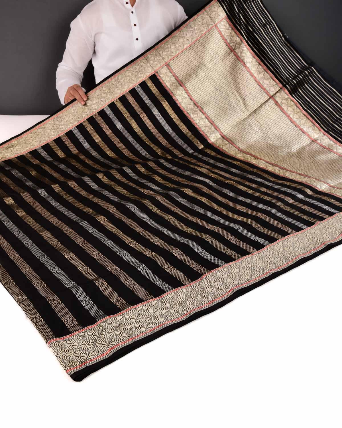 Black Banarasi Gold Silver Antique Zari Ornament Stripes Kadhuan Brocade Handwoven Katan Silk Saree - By HolyWeaves, Benares