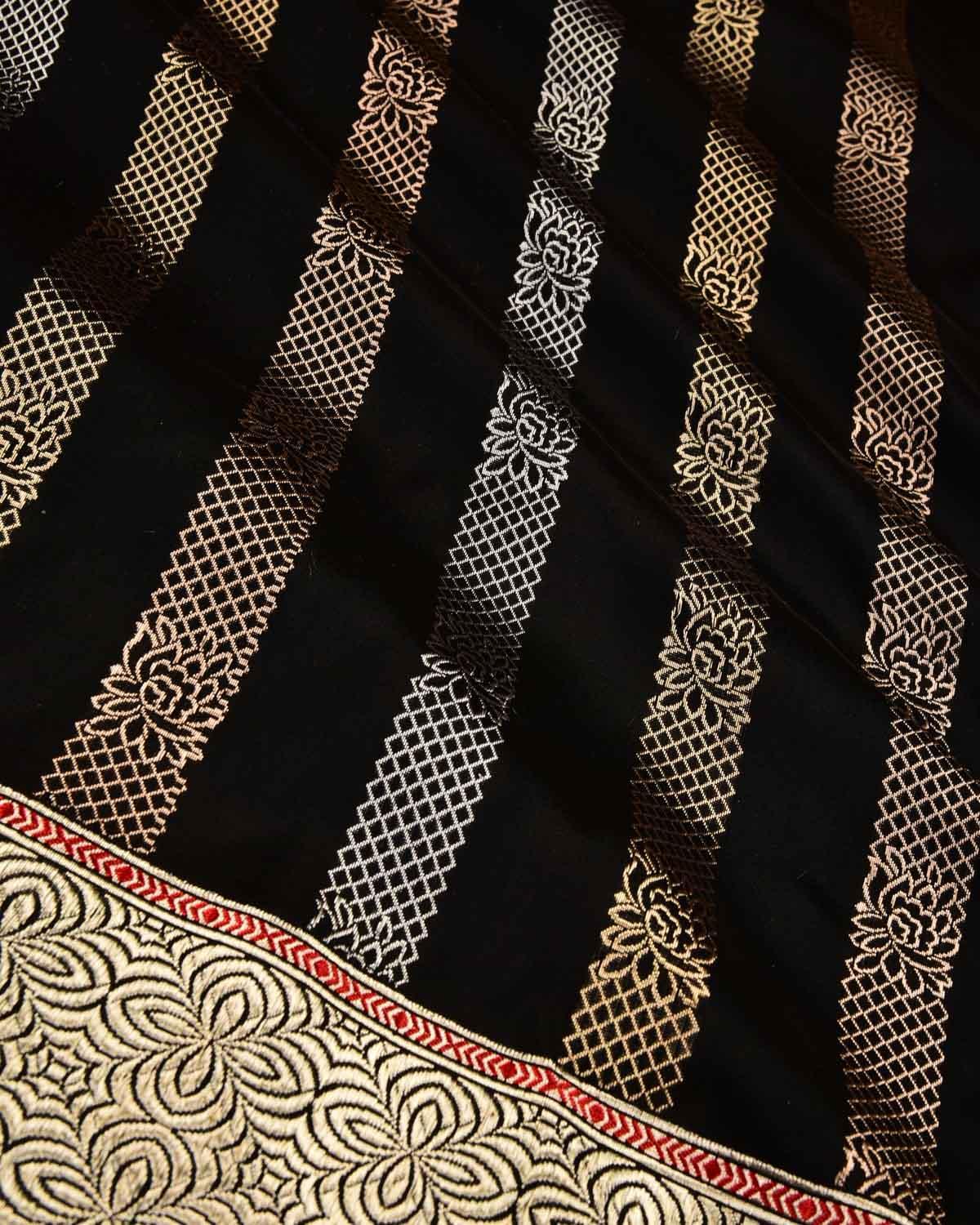 Black Banarasi Gold Silver Antique Zari Ornament Stripes Kadhuan Brocade Handwoven Katan Silk Saree - By HolyWeaves, Benares