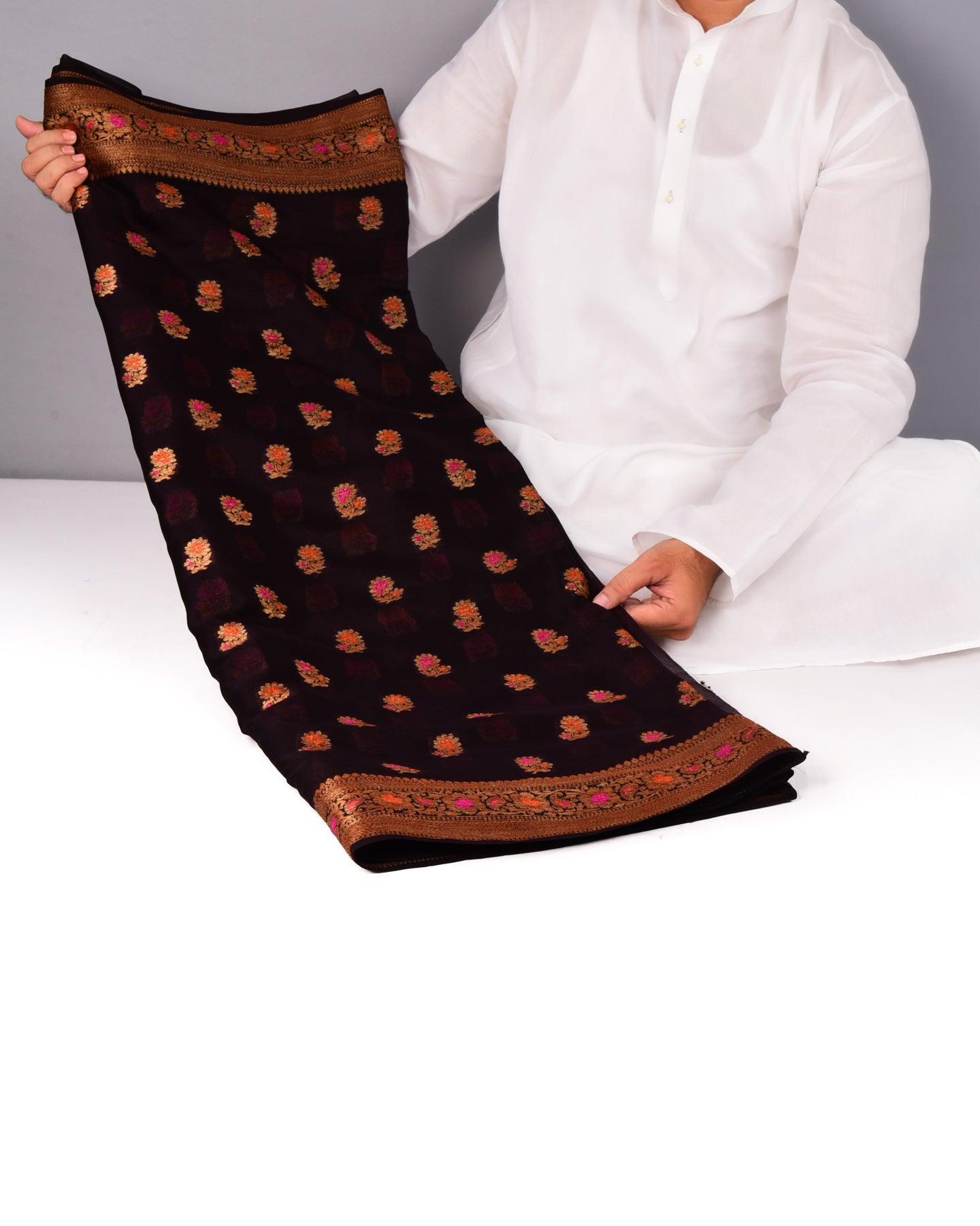 Black Coffee Brown Banarasi Antique Zari Meenedar Cutwork Brocade Woven Khaddi Georgette Saree - By HolyWeaves, Benares