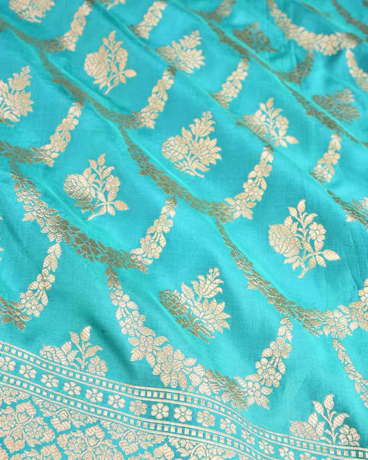 Blue Banarasi Gold Zari Scallop Jaal Buti Cutwork Brocade Handwoven Katan Silk Saree - By HolyWeaves, Benares