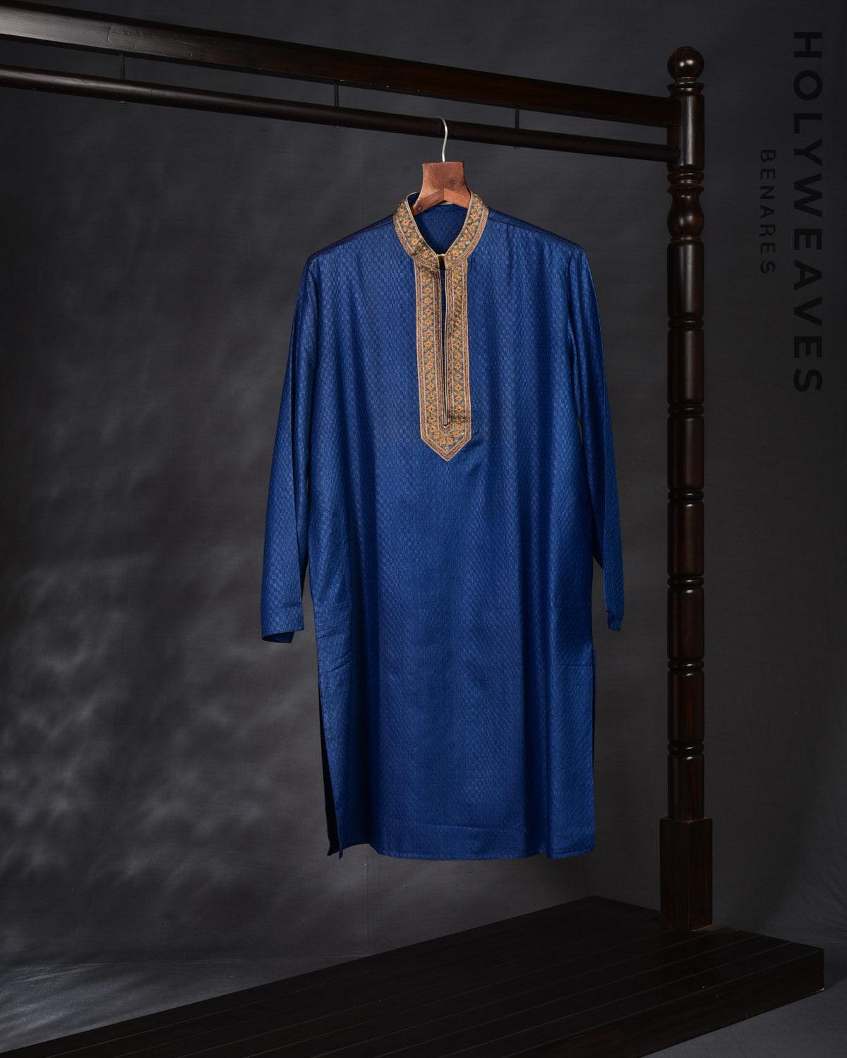 Blue Banarasi Hand-embroidered Cotton Silk Mens Kurta Pyjama - By HolyWeaves, Benares