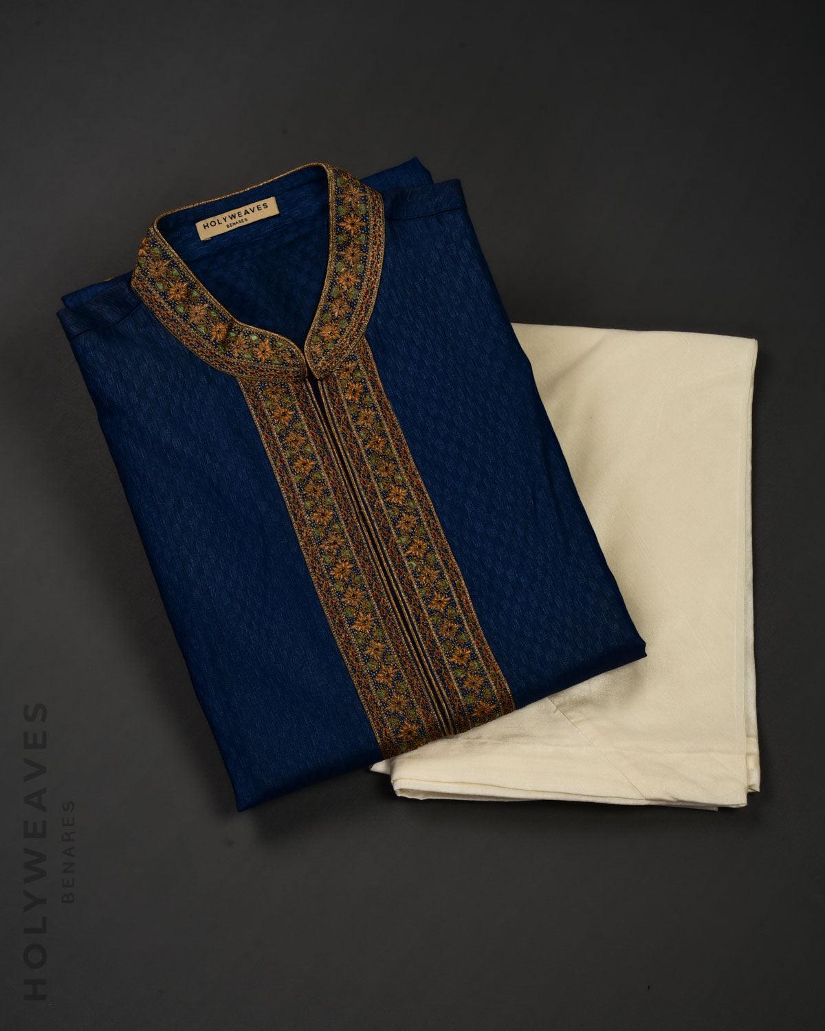 Blue Banarasi Hand-embroidered Cotton Silk Mens Kurta Pyjama - By HolyWeaves, Benares