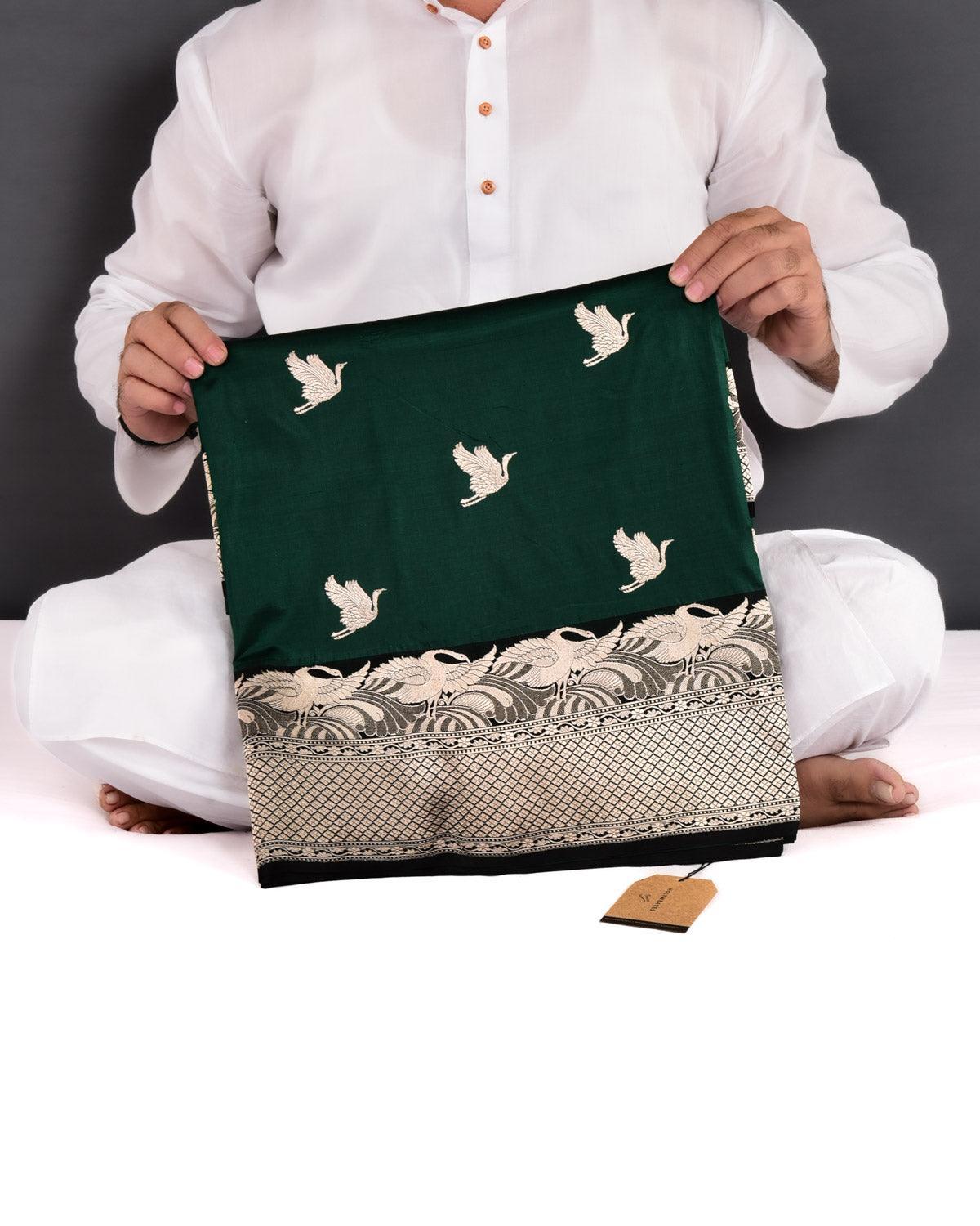 Bottle Green Banarasi Flying Swans Gold Zari Kadhuan Brocade Handwoven Katan Silk Saree - By HolyWeaves, Benares