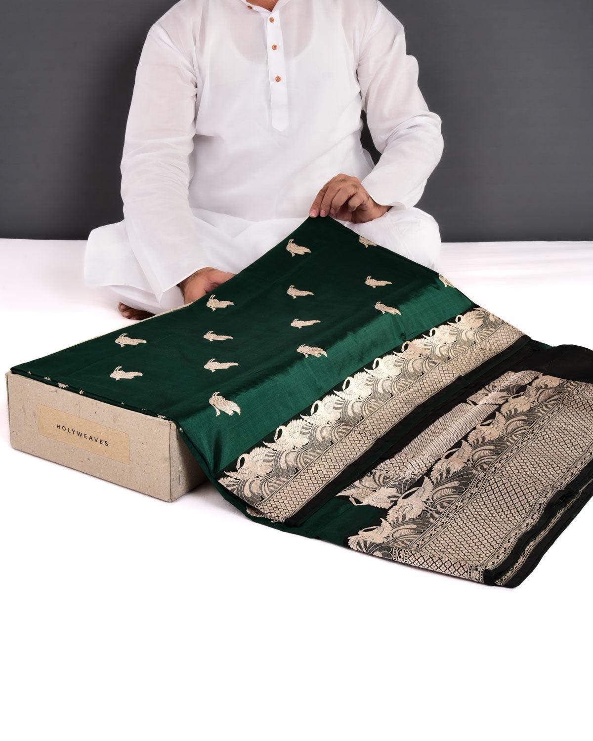 Bottle Green Banarasi Flying Swans Gold Zari Kadhuan Brocade Handwoven Katan Silk Saree - By HolyWeaves, Benares