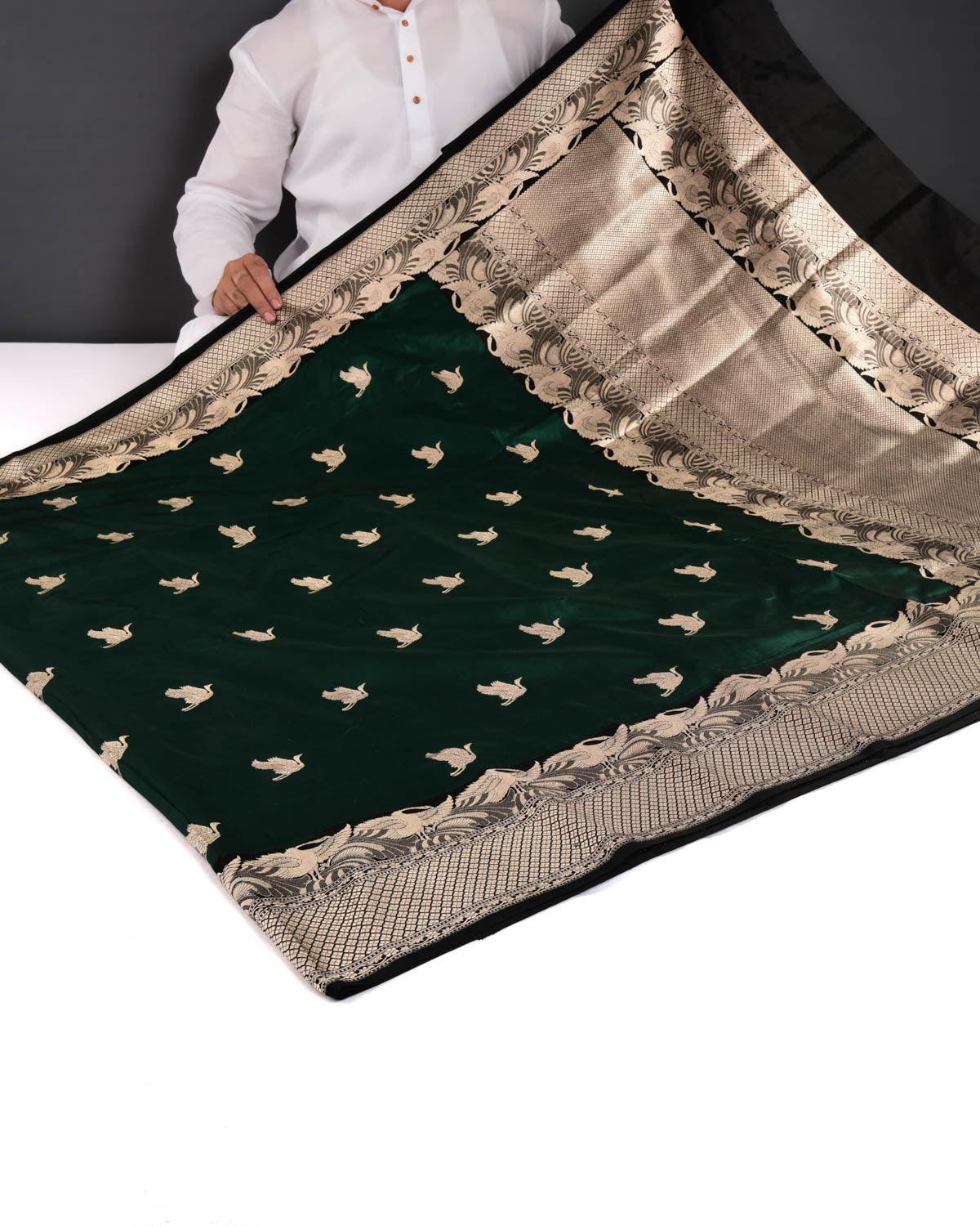 Bottle Green Banarasi Flying Swans Gold Zari Kadhuan Brocade Handwoven Katan Silk Saree - By HolyWeaves, Benares