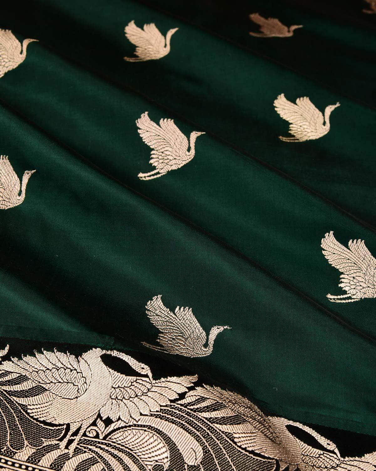 Bottle Green Banarasi Flying Swans Gold Zari Kadhuan Brocade Handwoven Katan Silk Saree - By HolyWeaves, Benares