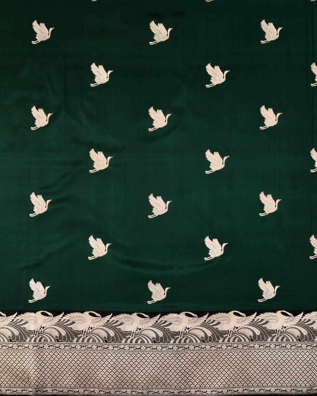 Bottle Green Banarasi Flying Swans Gold Zari Kadhuan Brocade Handwoven Katan Silk Saree - By HolyWeaves, Benares