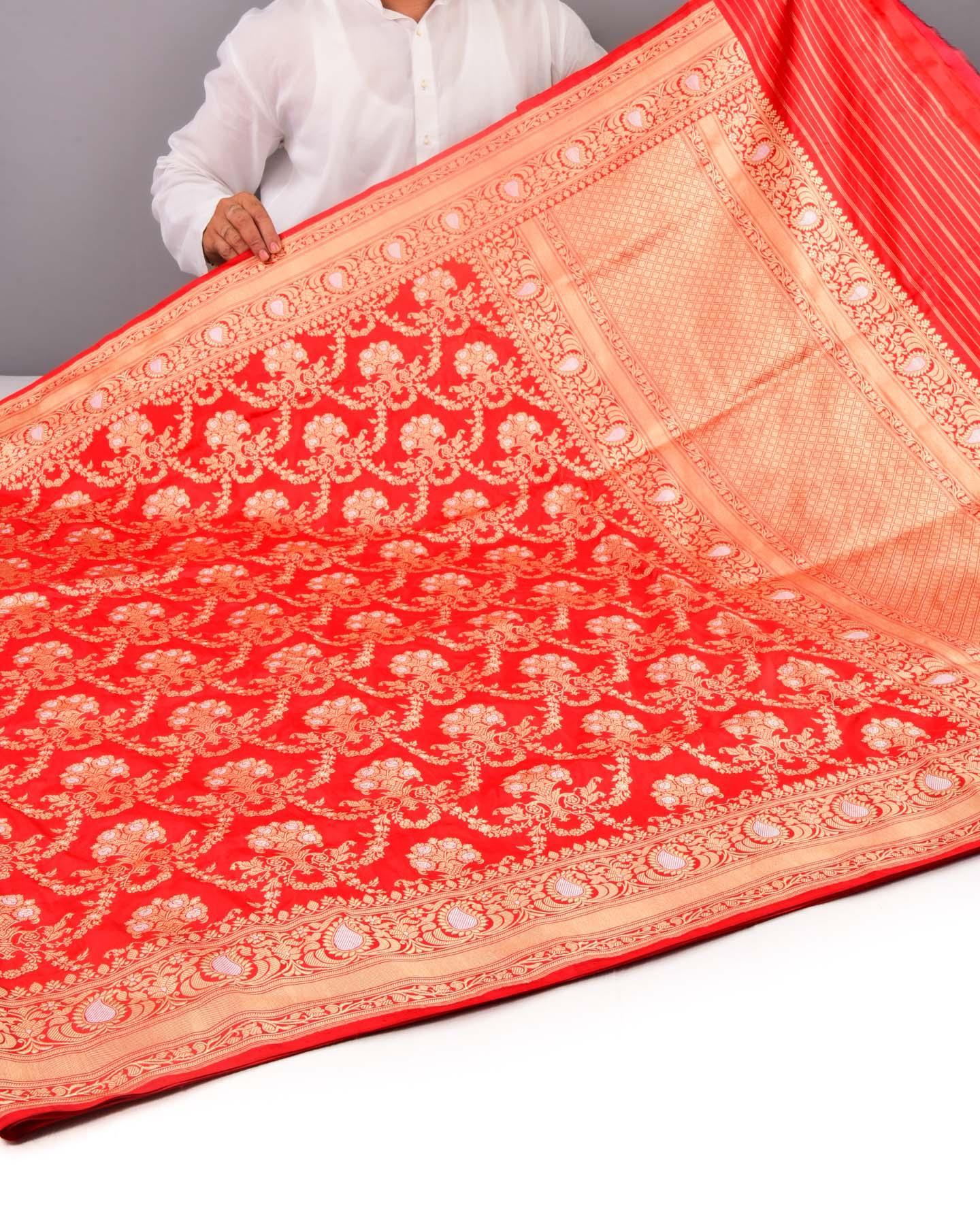 Bridal Red Banarasi Alfi Sona Rupa Kadhuan Jaal Handwoven Katan Silk Saree - By HolyWeaves, Benares