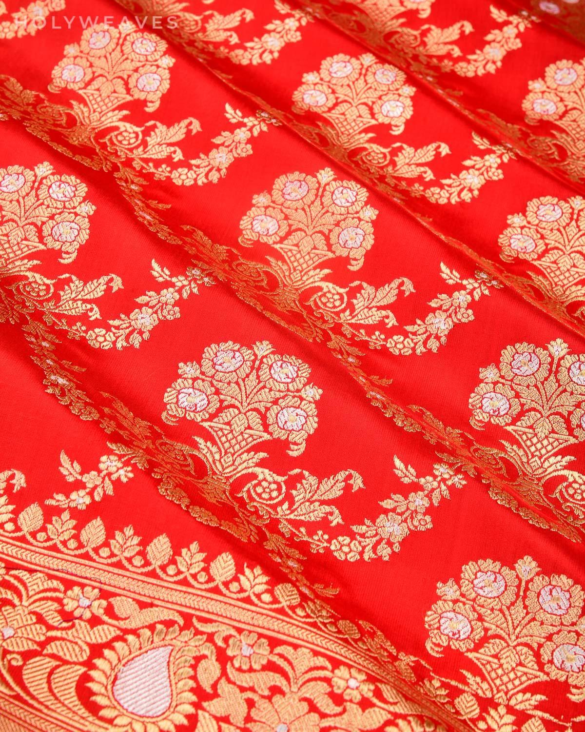 Bridal Red Banarasi Alfi Sona Rupa Kadhuan Jaal Handwoven Katan Silk Saree - By HolyWeaves, Benares