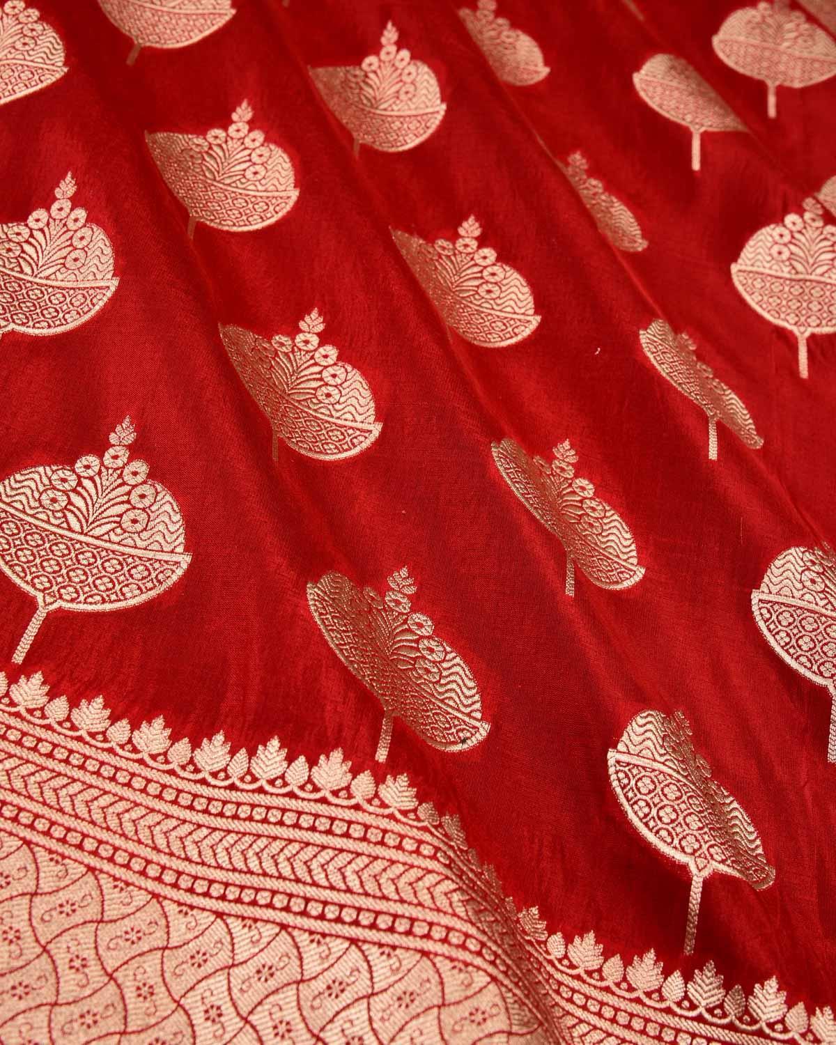 Bridal Red Banarasi Gold Zari Buta Cutwork Brocade Handwoven Katan Silk Saree - By HolyWeaves, Benares