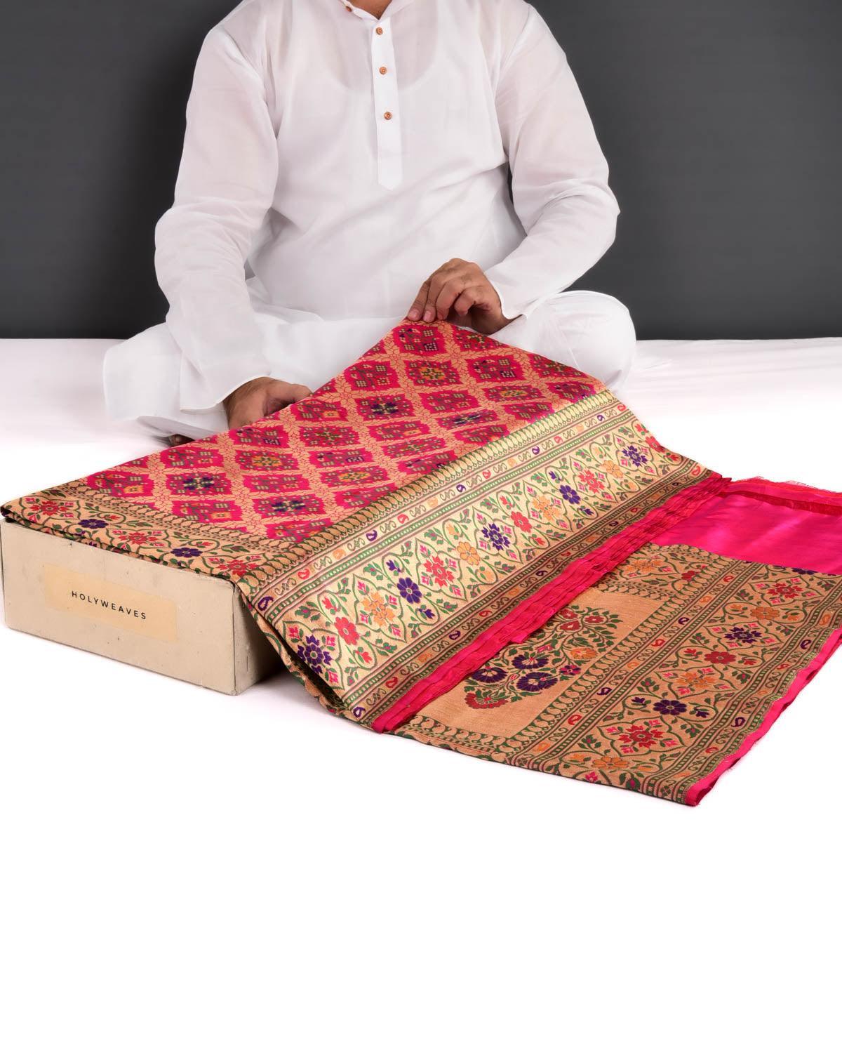 Bridal Red-Pink Banarasi Tehra Patola Cutwork Brocade Handwoven Katan Silk Saree - By HolyWeaves, Benares