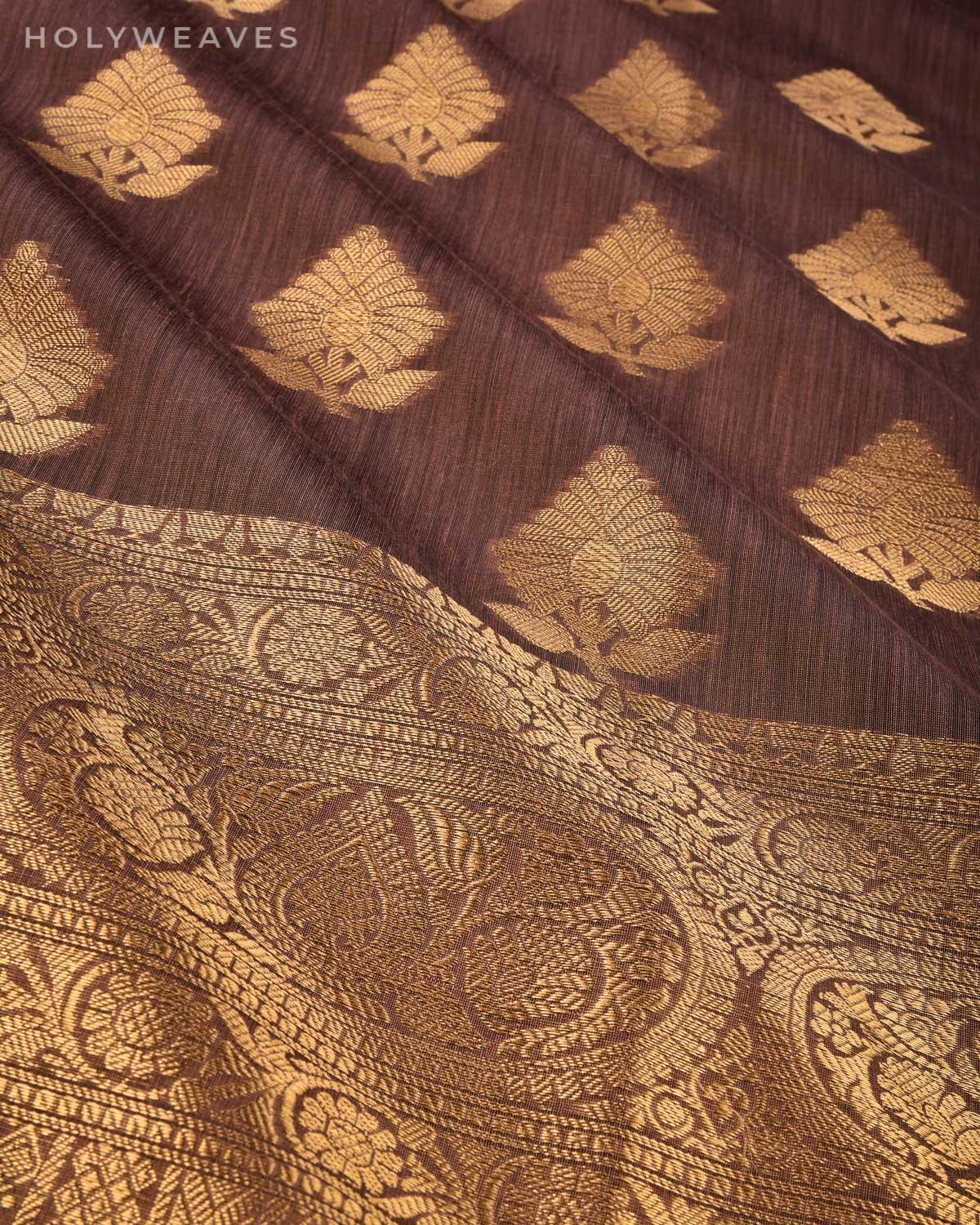 Burnished Brown Banarasi Antique Zari Cutwork Brocade Woven Cotton Silk Saree with Black Brocade Blouse Piece - By HolyWeaves, Benares