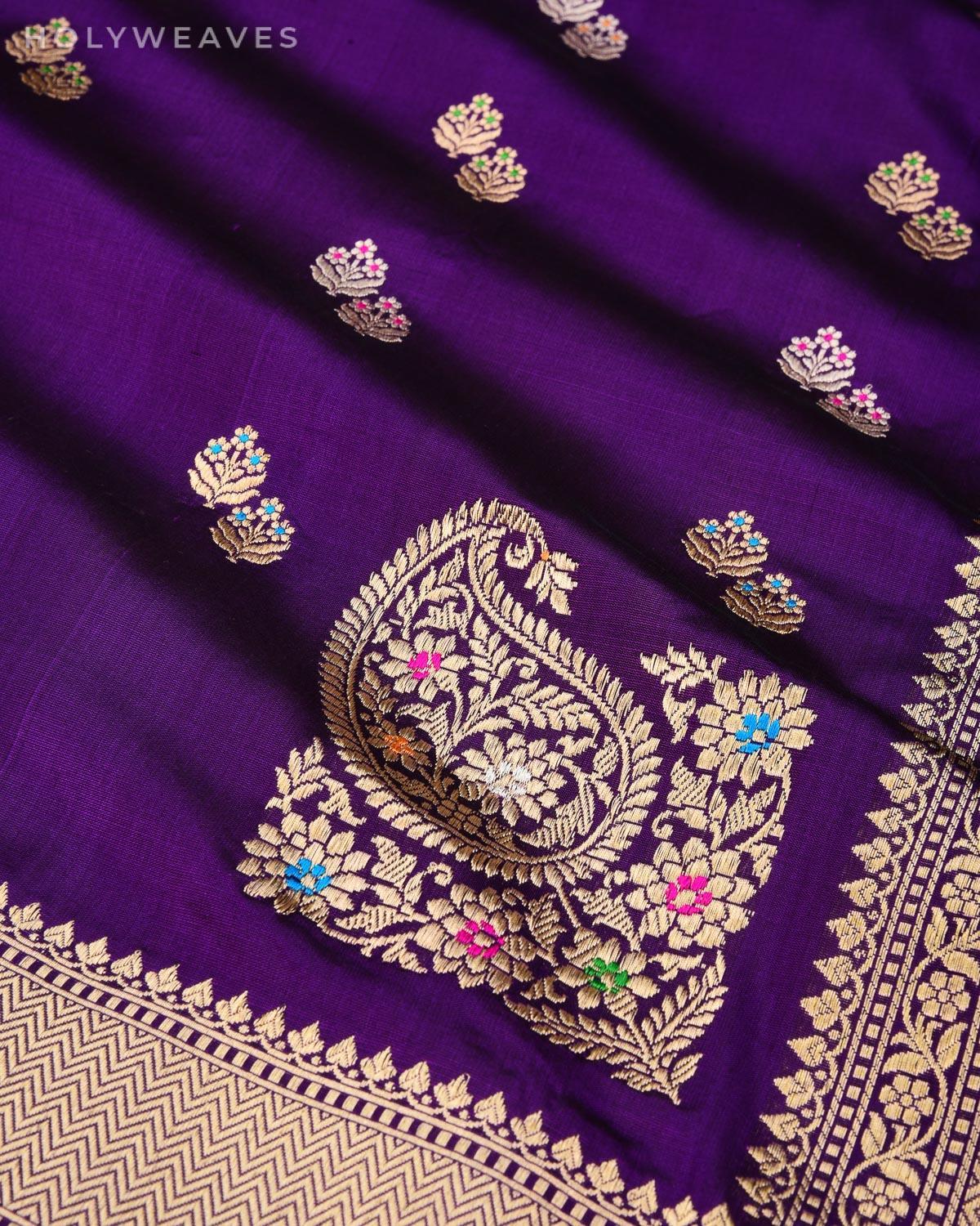 Byzantium Purple Banarasi Gold & Silver Zari Alfi Meena Duet Buti Kadhuan Brocade Handwoven Katan Silk Saree with Meenekari Koniya Buta - By HolyWeaves, Benares