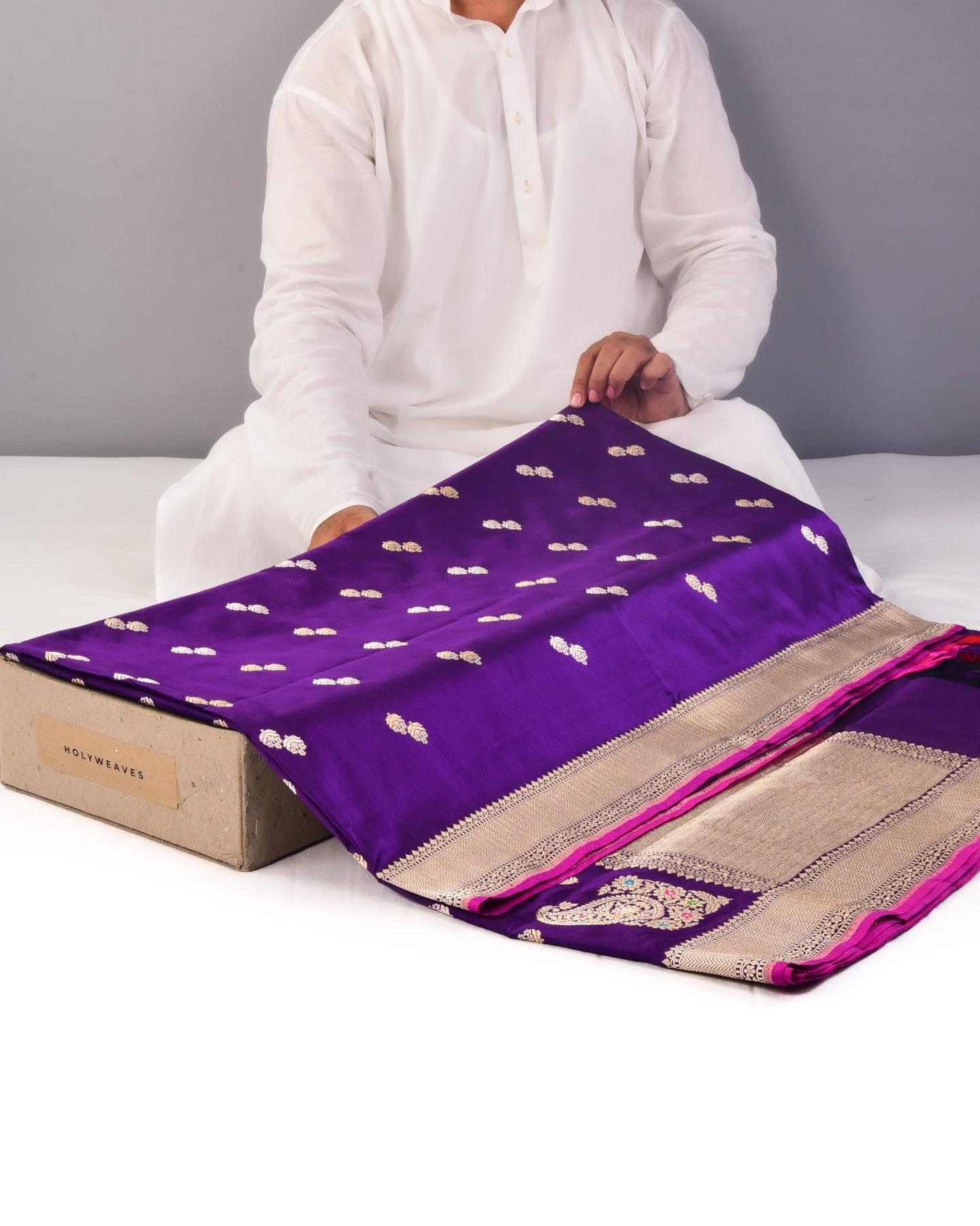 Byzantium Purple Banarasi Gold & Silver Zari Alfi Meena Duet Buti Kadhuan Brocade Handwoven Katan Silk Saree with Meenekari Koniya Buta - By HolyWeaves, Benares