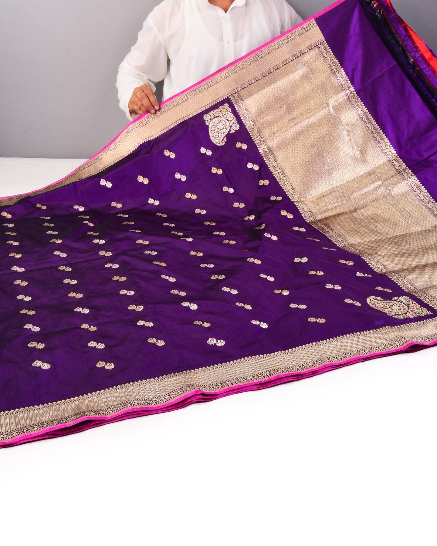 Byzantium Purple Banarasi Gold & Silver Zari Alfi Meena Duet Buti Kadhuan Brocade Handwoven Katan Silk Saree with Meenekari Koniya Buta - By HolyWeaves, Benares