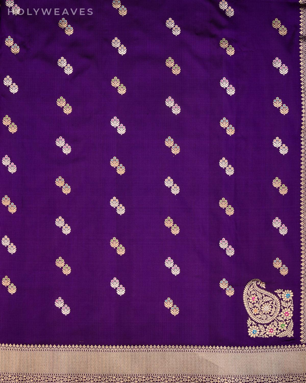 Byzantium Purple Banarasi Gold & Silver Zari Alfi Meena Duet Buti Kadhuan Brocade Handwoven Katan Silk Saree with Meenekari Koniya Buta - By HolyWeaves, Benares