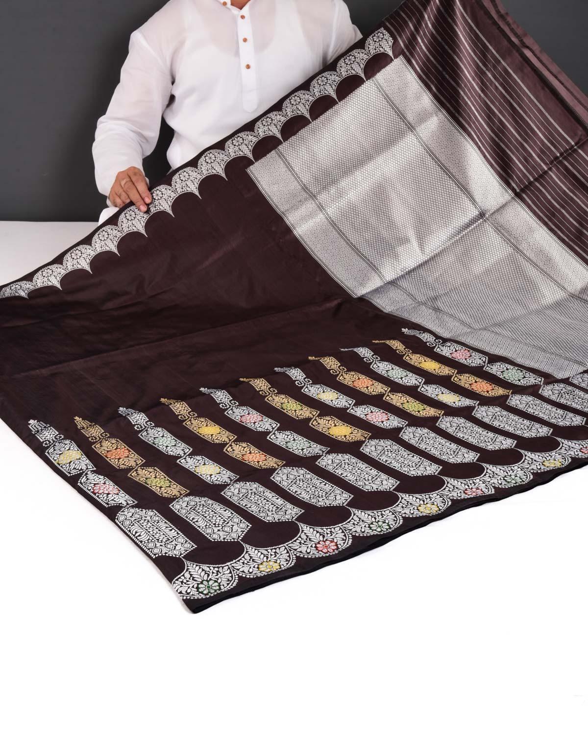 Chocolate Brown Banarasi Gld & Silver Zari Minaar Kadhuan Brocade Handwoven Katan Silk Saree - By HolyWeaves, Benares