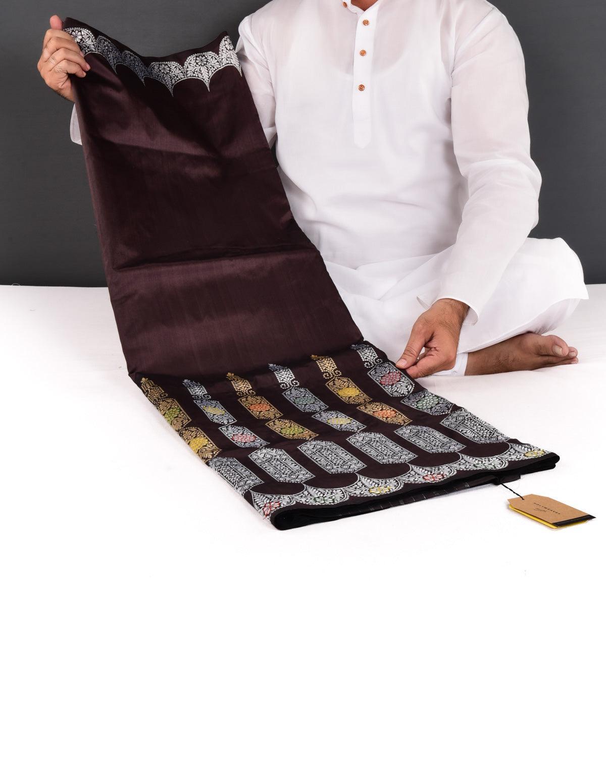 Chocolate Brown Banarasi Gld & Silver Zari Minaar Kadhuan Brocade Handwoven Katan Silk Saree - By HolyWeaves, Benares