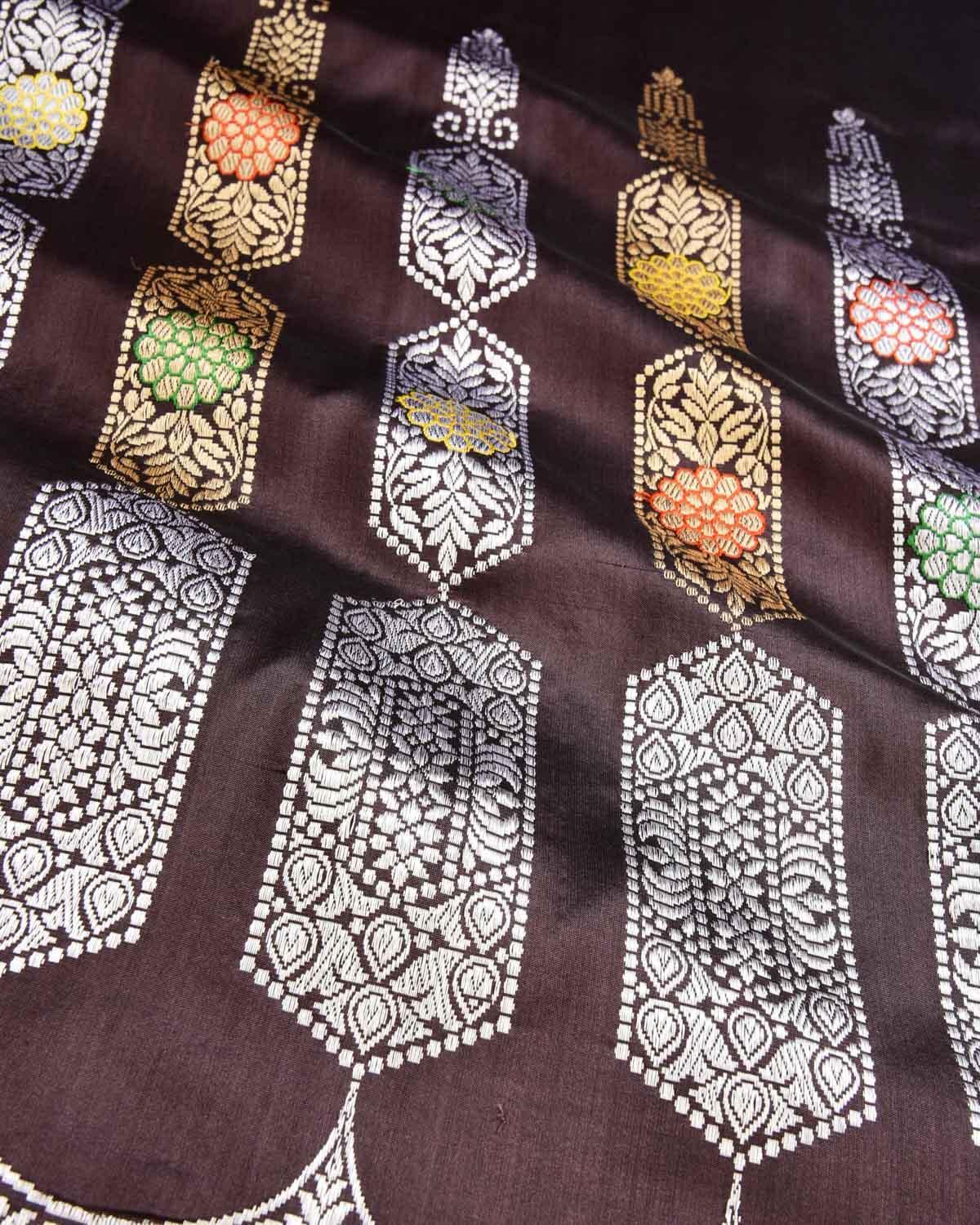 Chocolate Brown Banarasi Gld & Silver Zari Minaar Kadhuan Brocade Handwoven Katan Silk Saree - By HolyWeaves, Benares