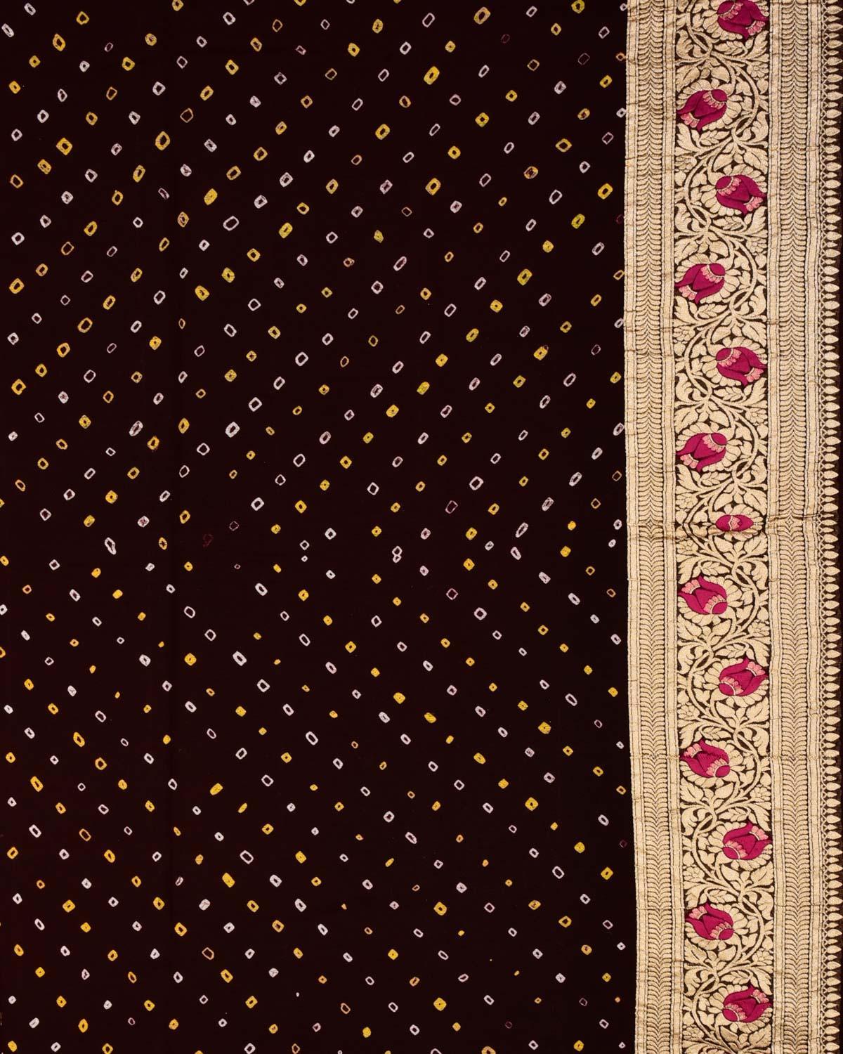 Chocolate Brown Banarasi Gold Zari with Meenekari Cutwork Brocade Handwoven Khaddi Georgette Saree with White & Yellow Bandhej - By HolyWeaves, Benares