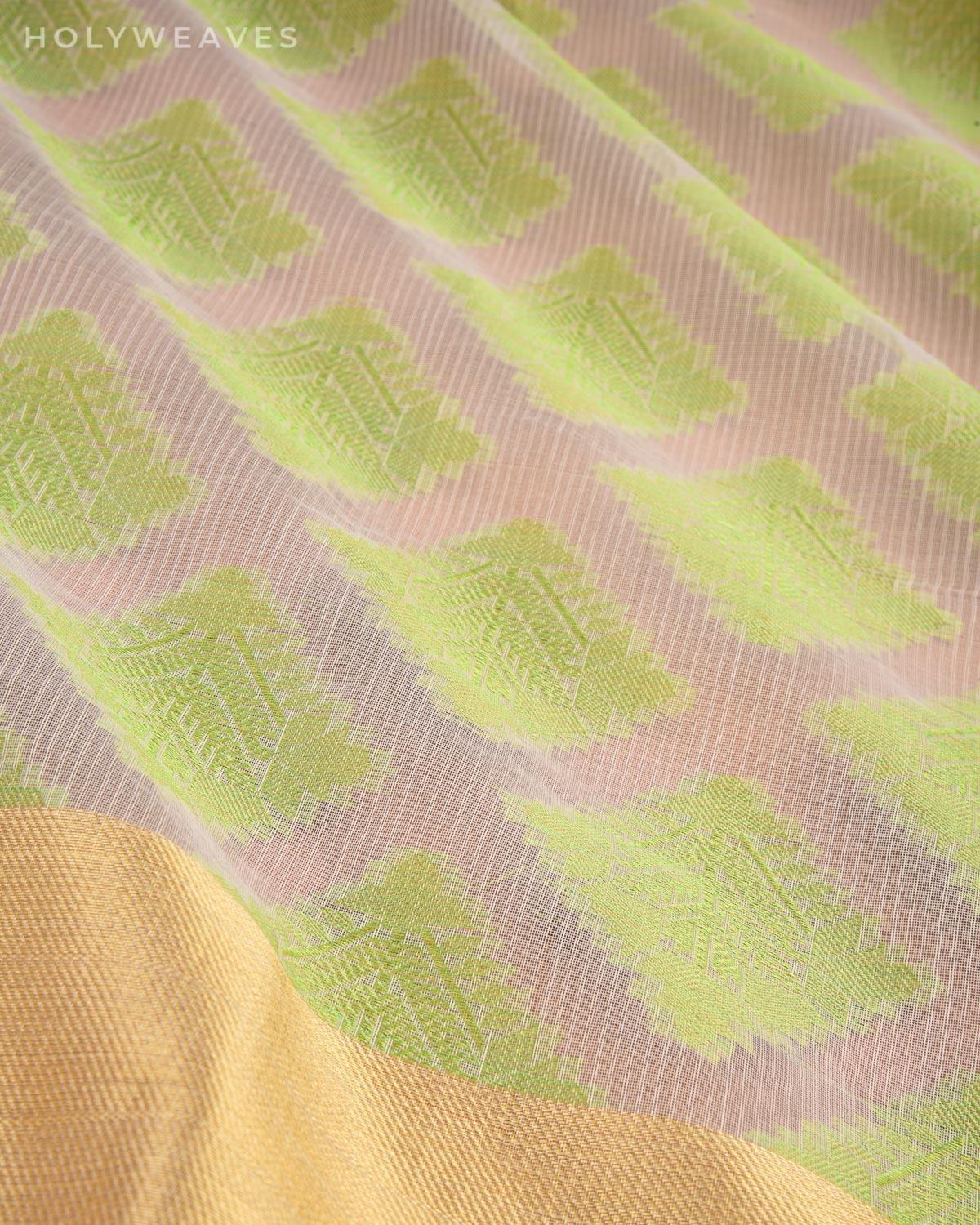 Cream with Green Banarasi Resham Buta Cutwork Brocade Woven Art Cotton Silk Saree - By HolyWeaves, Benares