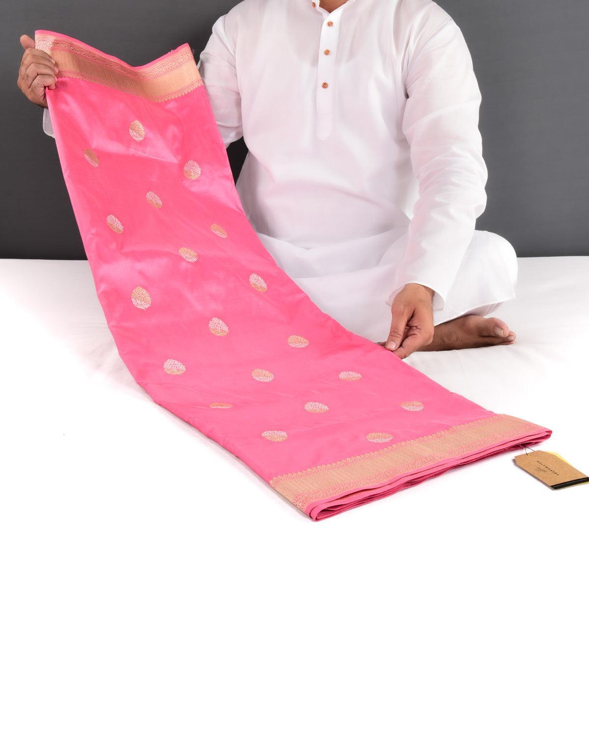 Flamingo Pink Banarasi Gold & Silver Zari Alfi Buti Kadhuan Brocade Handwoven Katan Silk Saree - By HolyWeaves, Benares