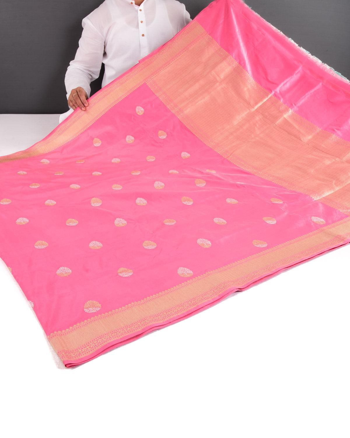 Flamingo Pink Banarasi Gold & Silver Zari Alfi Buti Kadhuan Brocade Handwoven Katan Silk Saree - By HolyWeaves, Benares