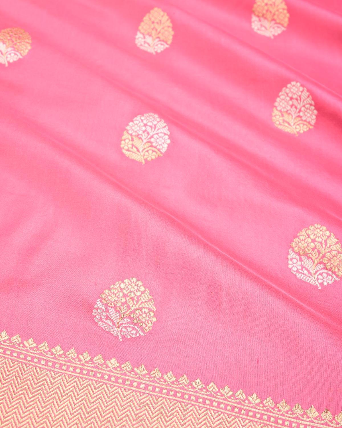 Flamingo Pink Banarasi Gold & Silver Zari Alfi Buti Kadhuan Brocade Handwoven Katan Silk Saree - By HolyWeaves, Benares