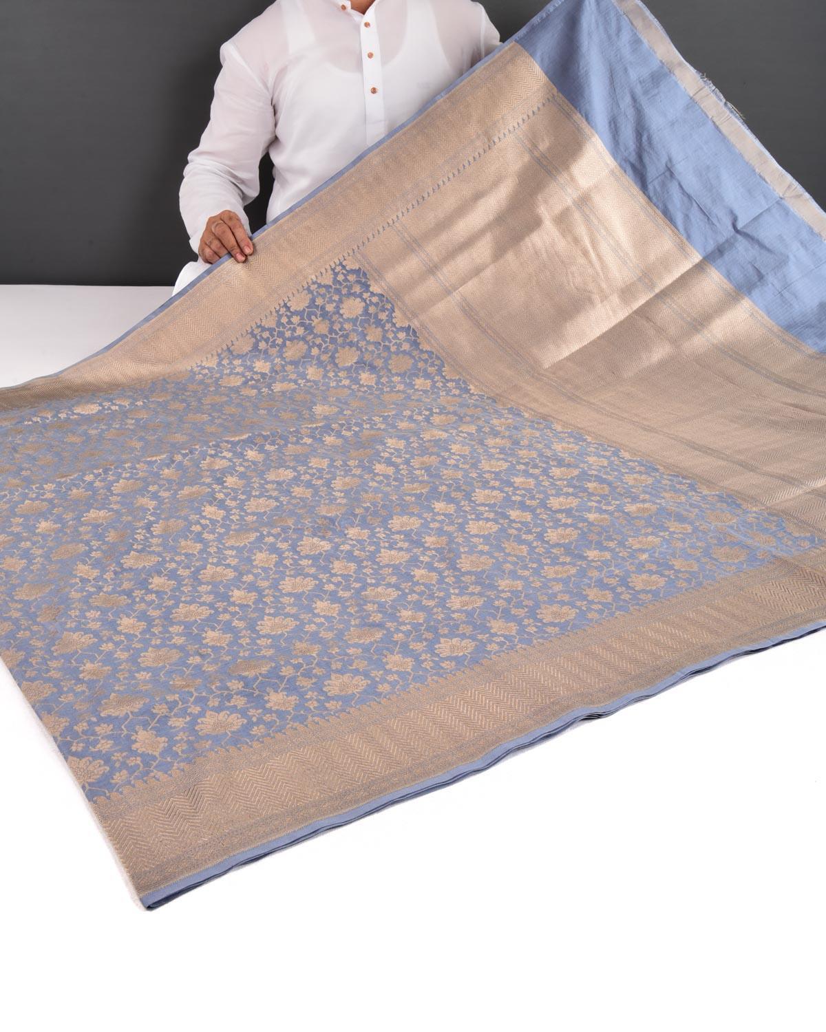 Gray Banarasi Maheen Jaal Gold Zari Cutwork Brocade Handwoven Katan Silk Saree - By HolyWeaves, Benares