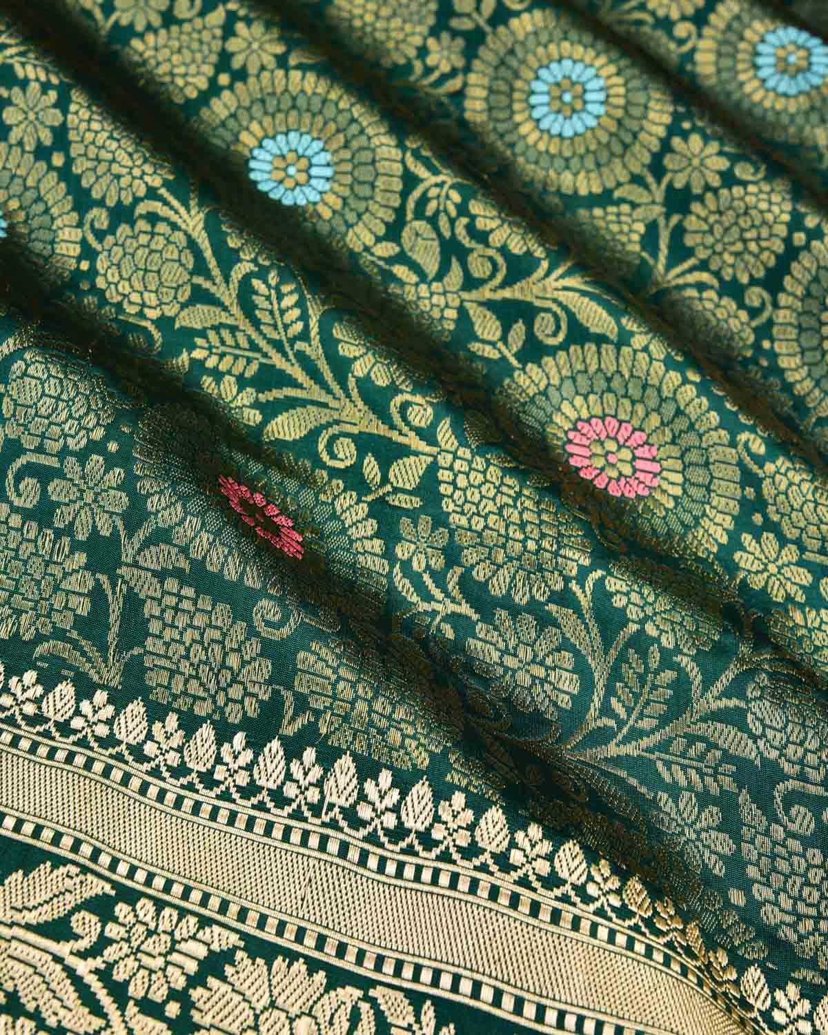 Green Banarasi Basket Weave Resham Meena Kadhuan Brocade Handwoven Katan Silk Saree - By HolyWeaves, Benares