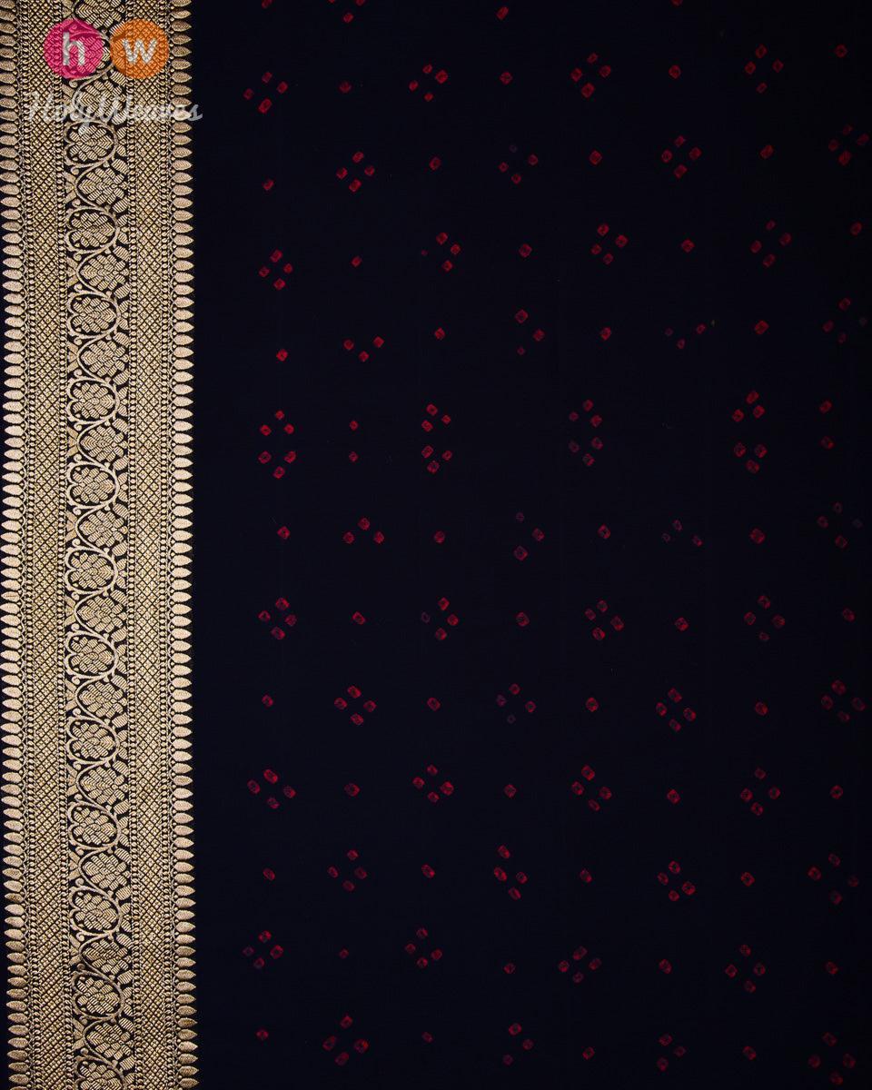 Grey-Black-Navy Banarasi Cutwork Brocade Handwoven Khaddi Georgette Saree with Red Bandhej - By HolyWeaves, Benares