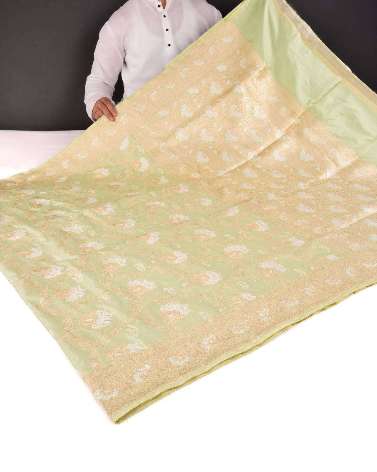 Laurel Green Banarasi Gold & Silver Zari Floral Jaal Cutwork Brocade Handwoven Katan Silk Saree - By HolyWeaves, Benares