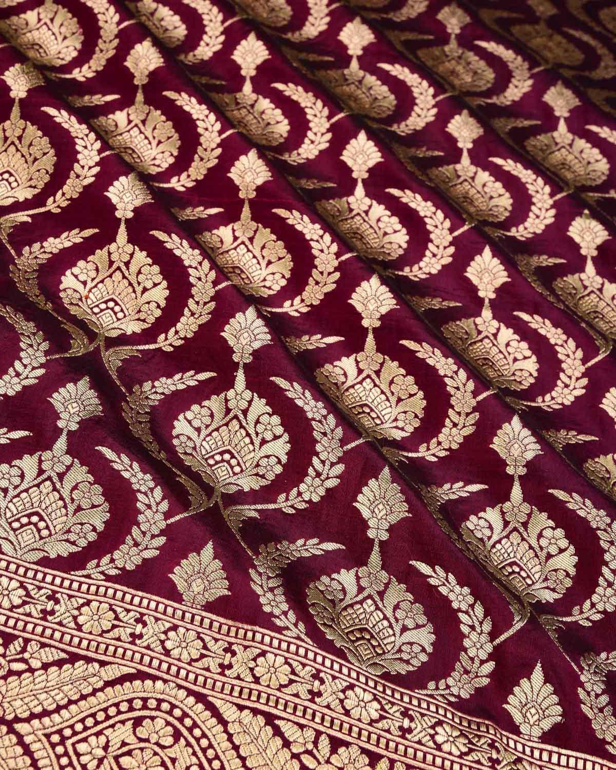 Magenta Banarasi Mughal Jaal Gold Zari Cutwork Brocade Handwoven Katan Silk Saree - By HolyWeaves, Benares