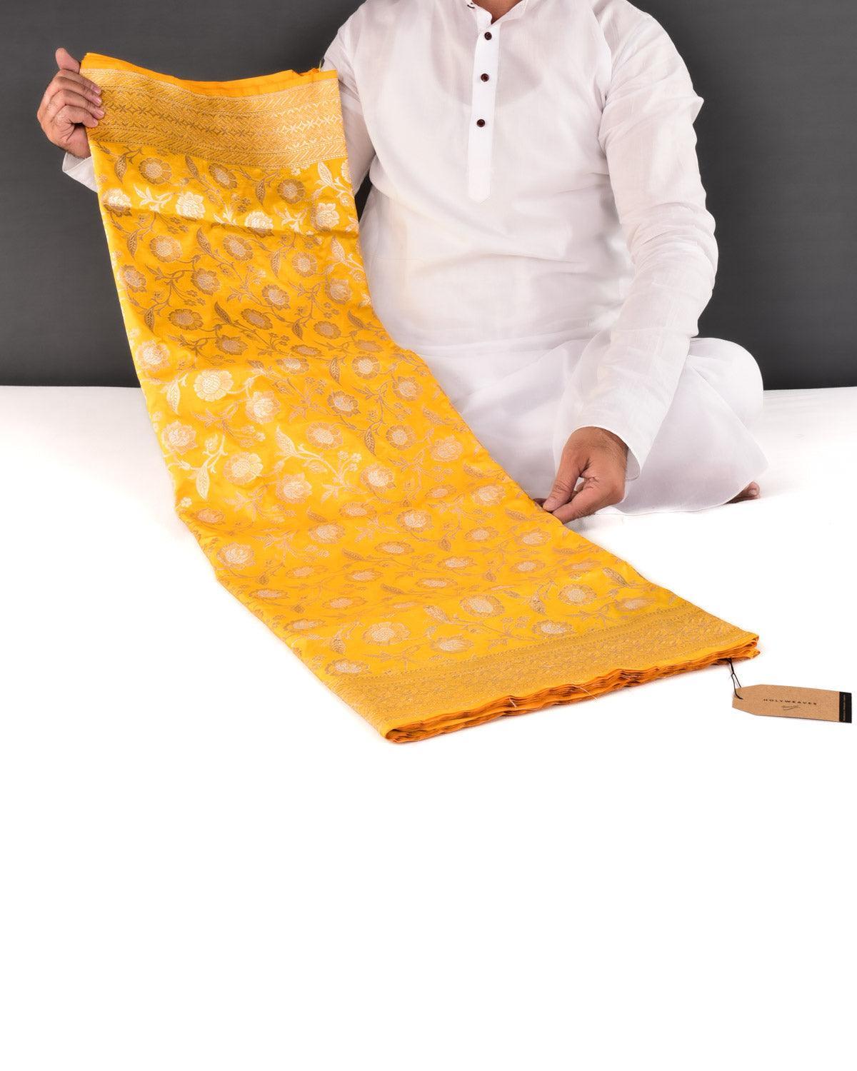 Marigold Yellow Banarasi Gold & Silver Zari Alfi Floral Jaal Cutwork Brocade Handwoven Katan Silk Saree - By HolyWeaves, Benares