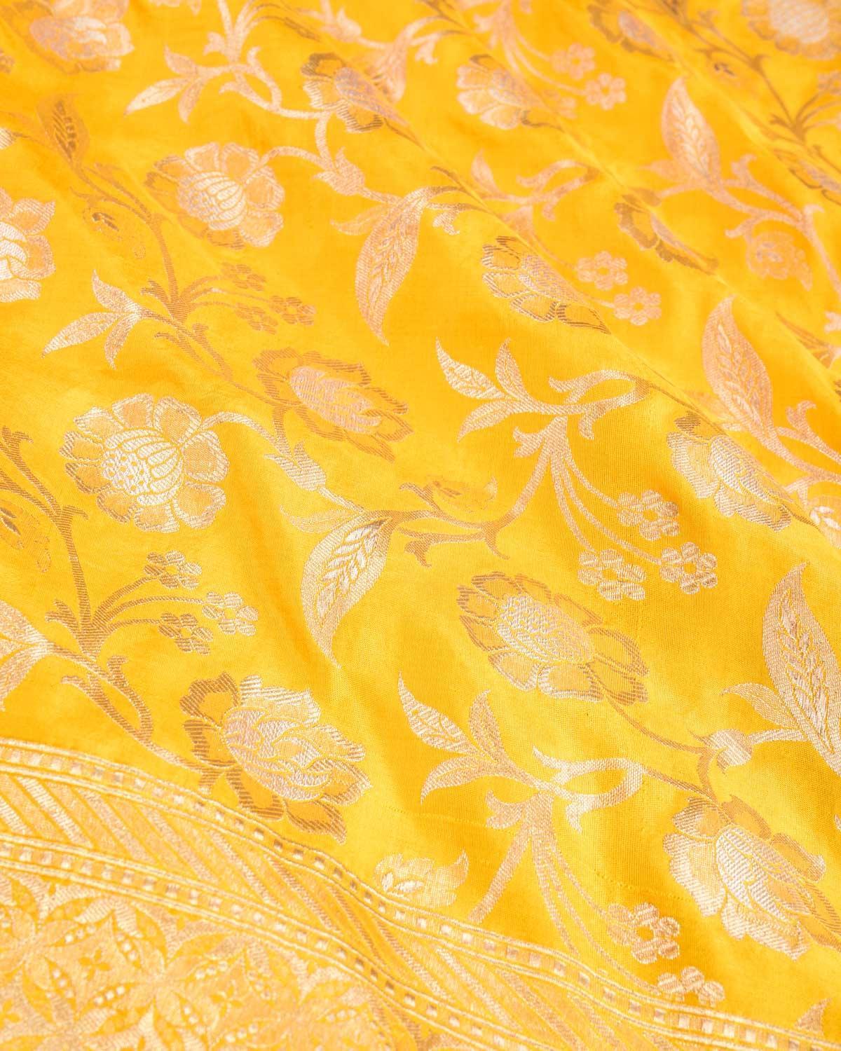 Marigold Yellow Banarasi Gold & Silver Zari Alfi Floral Jaal Cutwork Brocade Handwoven Katan Silk Saree - By HolyWeaves, Benares